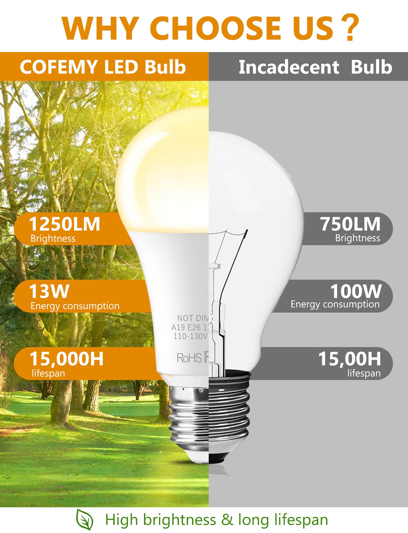 Btbhiho 6-Pack A19 Led Light Bulbs 100W Equivalent 1250 Lumens, 13W 2700K Cool White Non-Dimmable, No Flicker, Super Bright Cri8