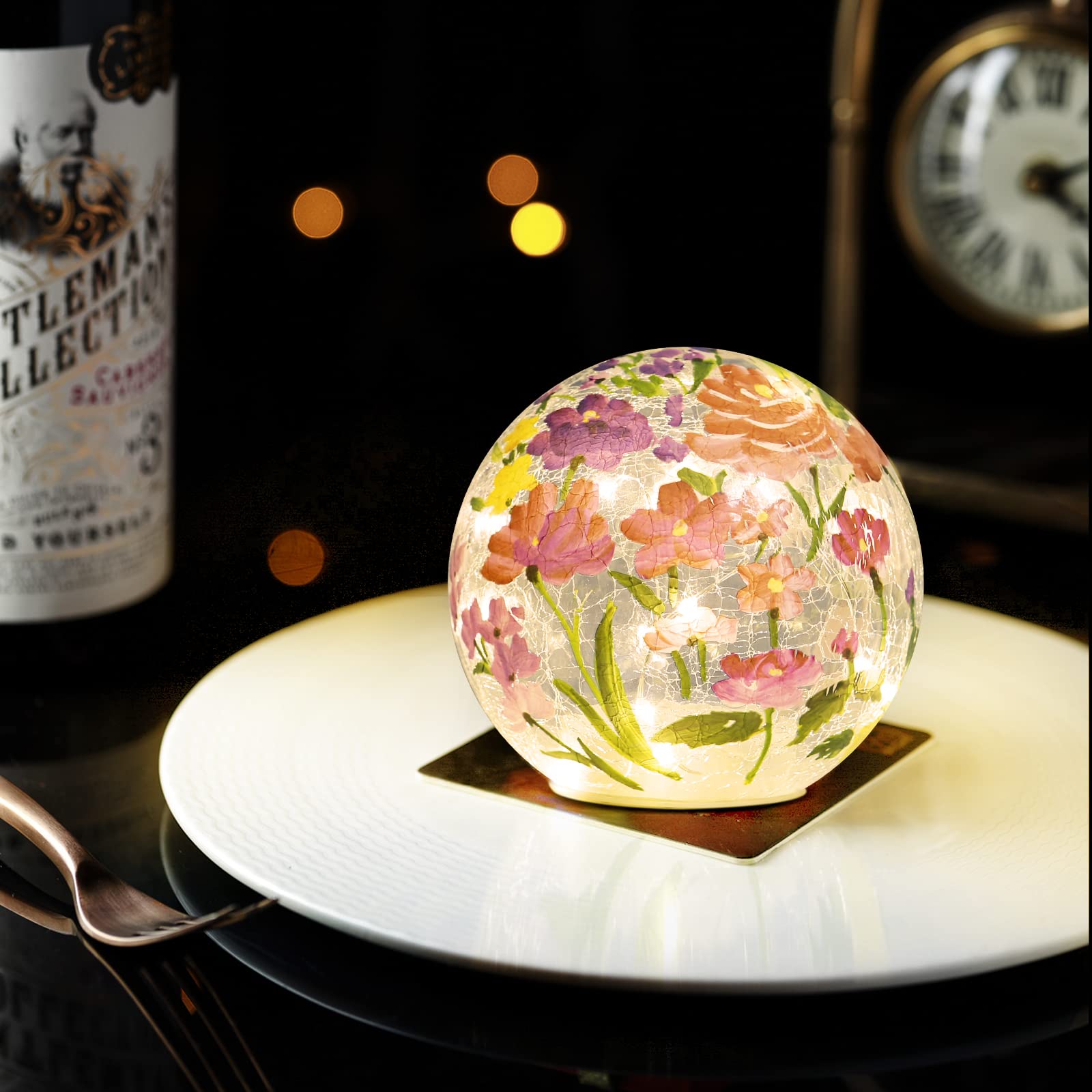 Berscah Glass Ball Light Crackle Led Night Light Flower Grass Pattern Globe Glass Table Lamp, Orb Cardinal Night Light For Outdo