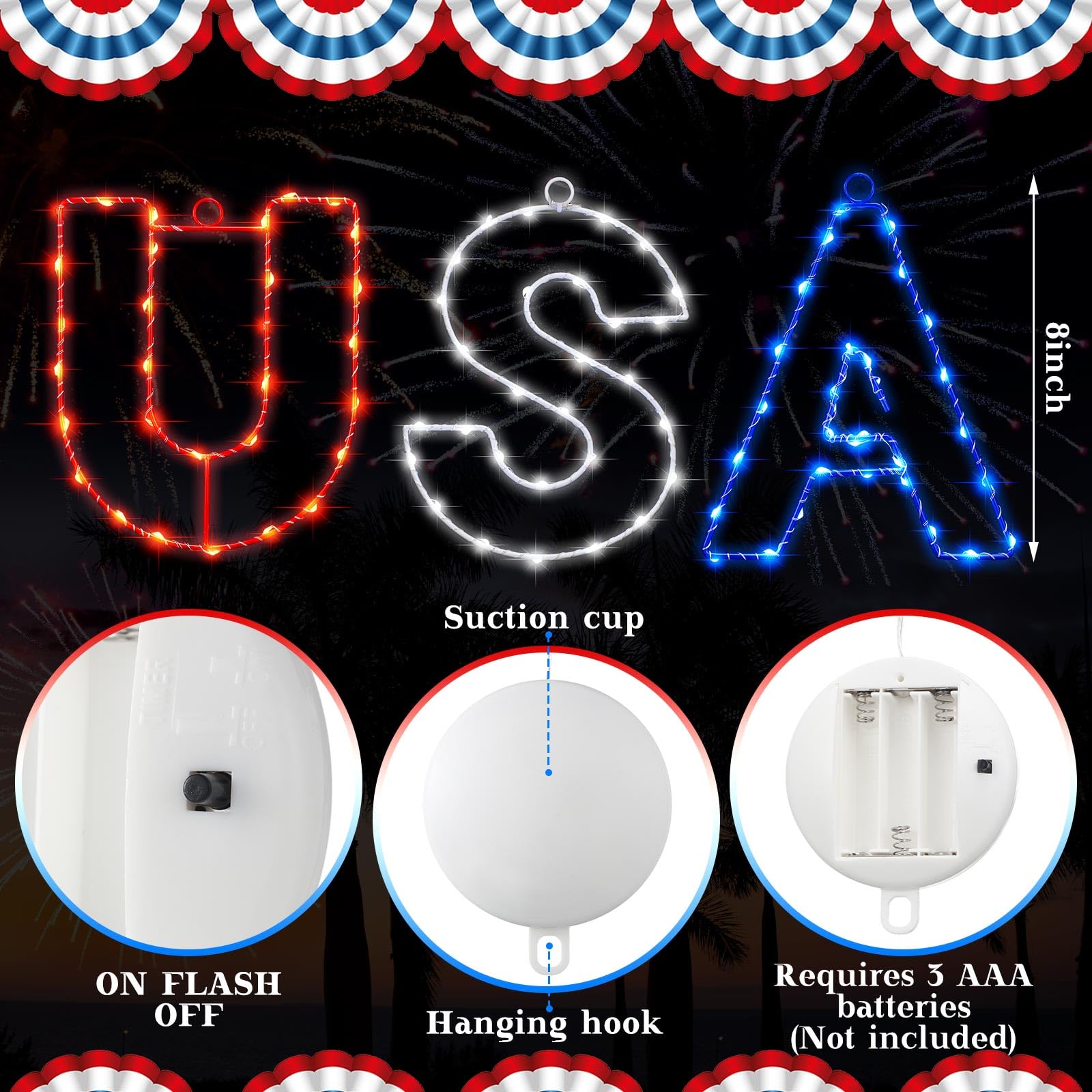 Aurelema 6 Pack 4th of July Decorations Firework Lights Hanging Patriotic Red White and Blue Starburst USA Letter 160 LED Lights