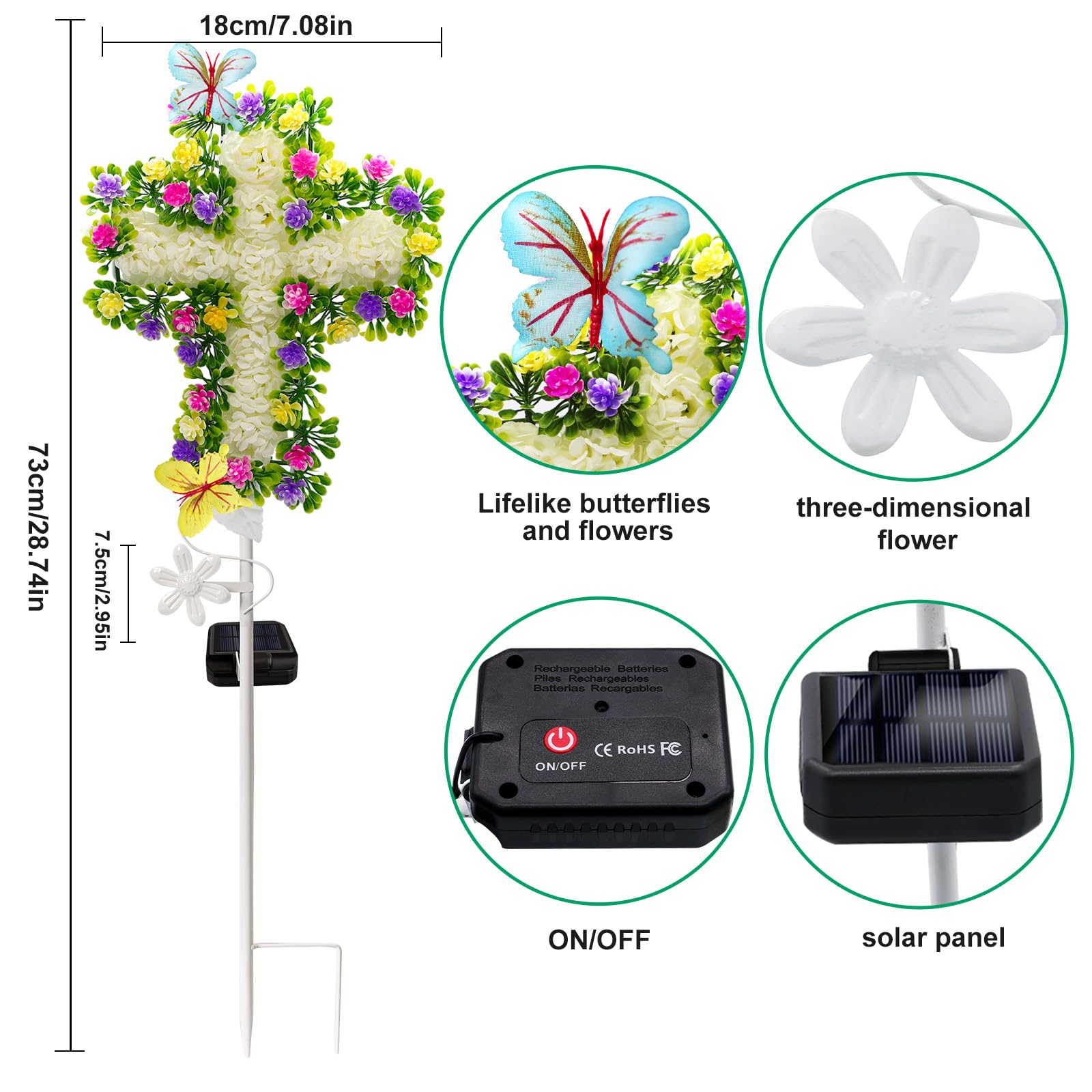 YJFWAL Solar Flower Cross - Cemetery Grave Decoration, Warm White Fabric, Model: White Flower Cross-1