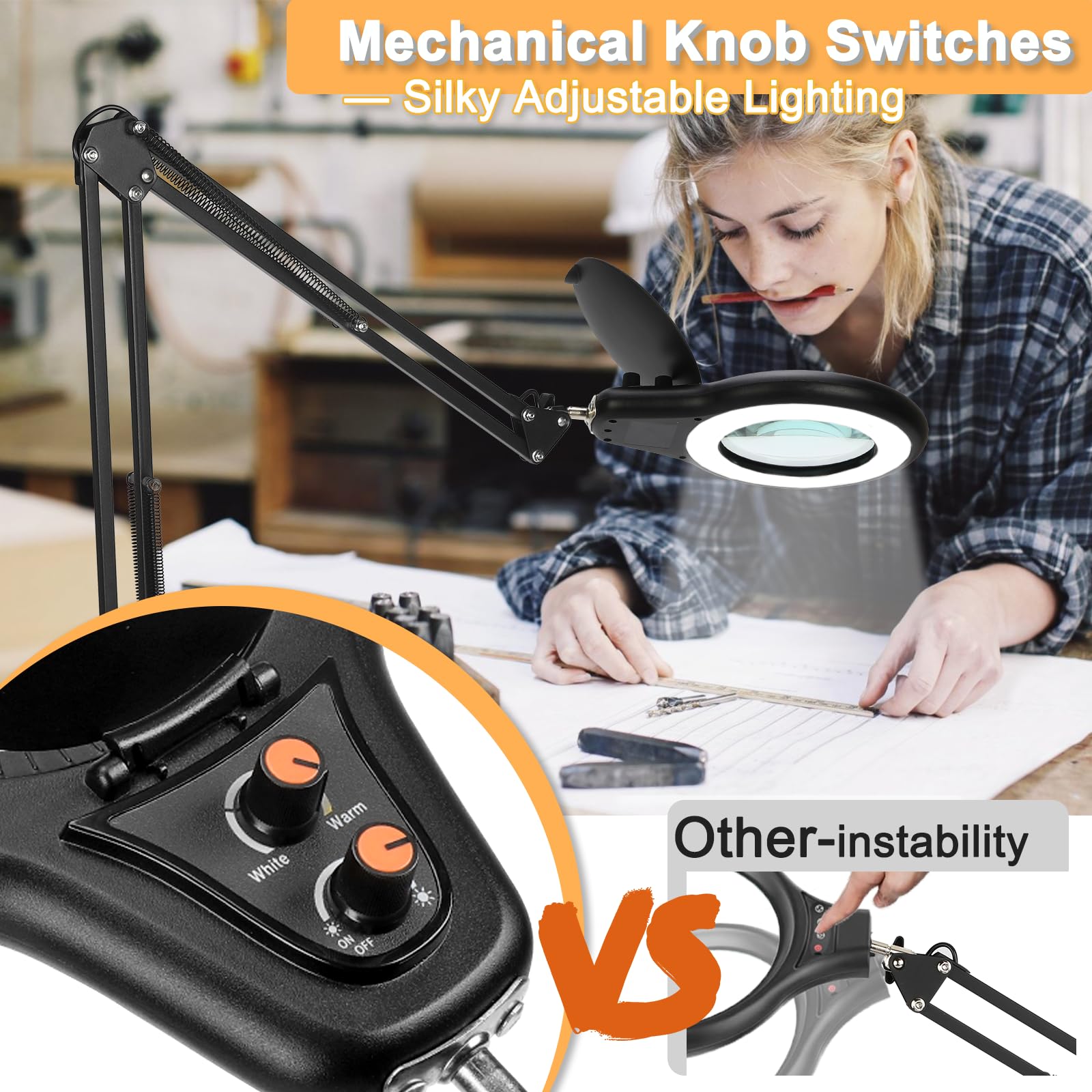 Jeedefi 10X Large Magnifying Glass With Light And Clamp, Mechanical Knob Stepless Dimmable, 2*16 Inch Swivel Arm Led Magnifying