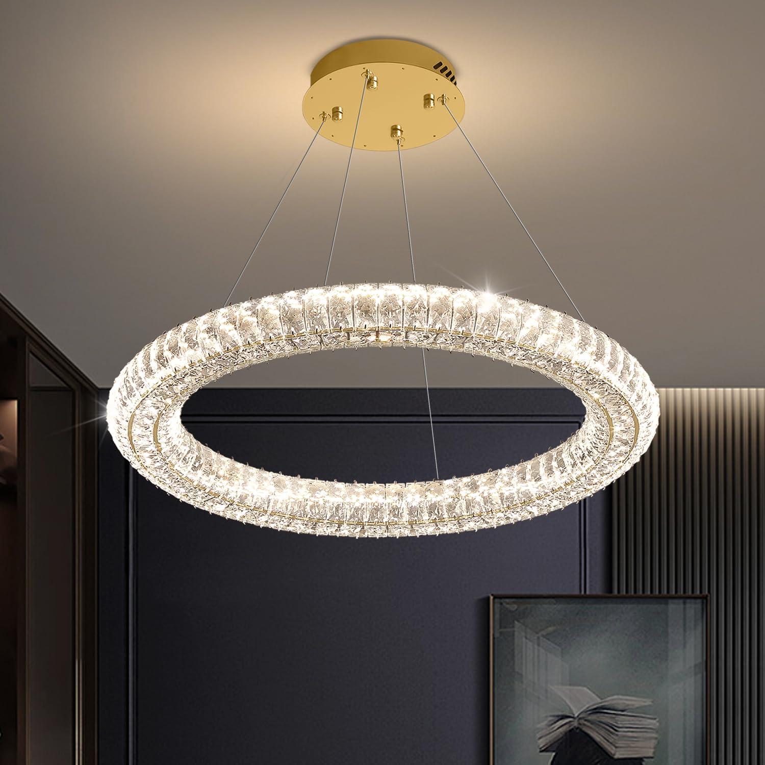 IDEQUY Modern Gold Round Crystal Chandelier Dimmable LED 31.5'' Ring Pendant Light Ceiling Fixtures for Dining Room Living Room