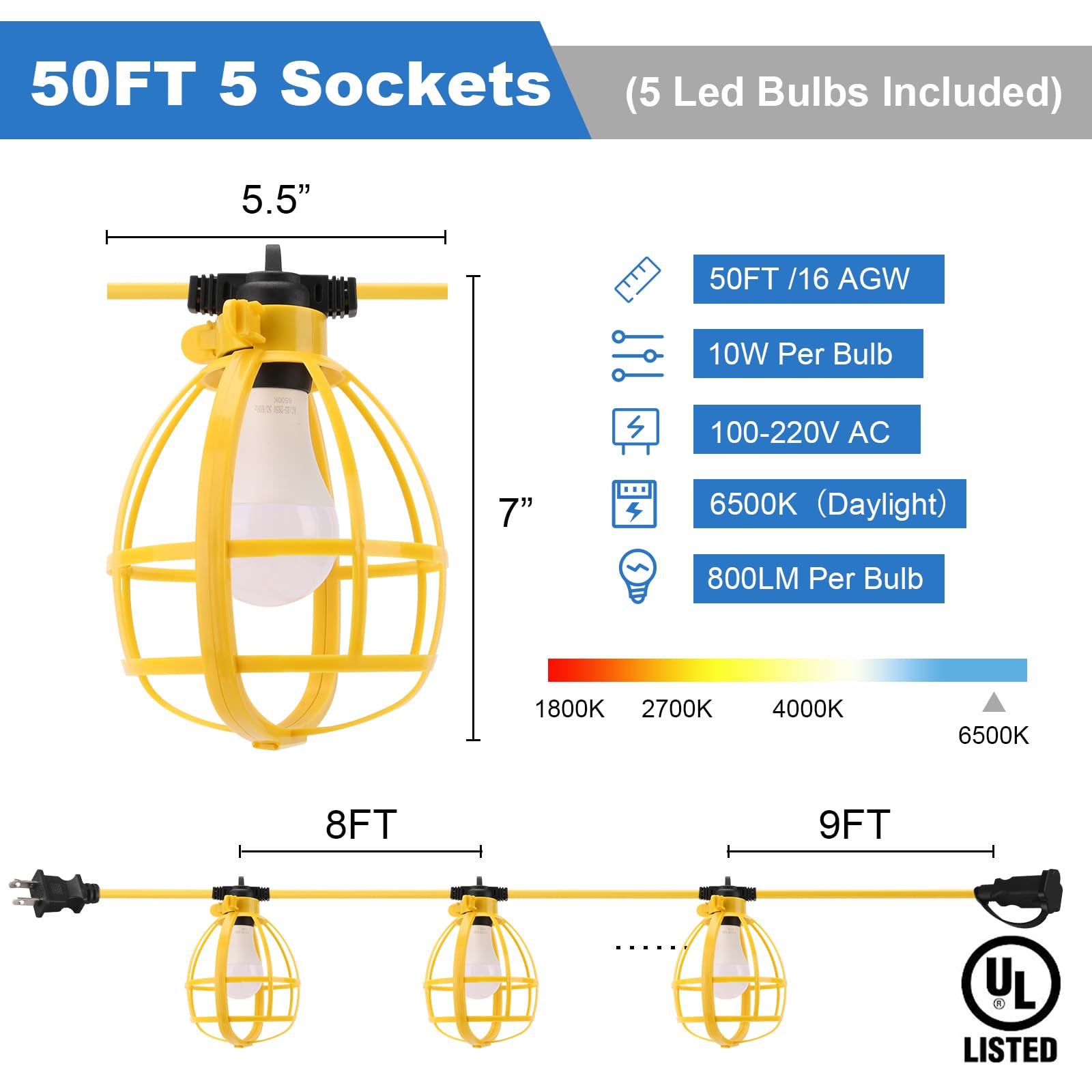 Yaoledly 50FT Construction String Lights - 5 Bulbs, IP65 Waterproof, Black/Yellow, 4000LM, Model 50-cover, with Safety Cover