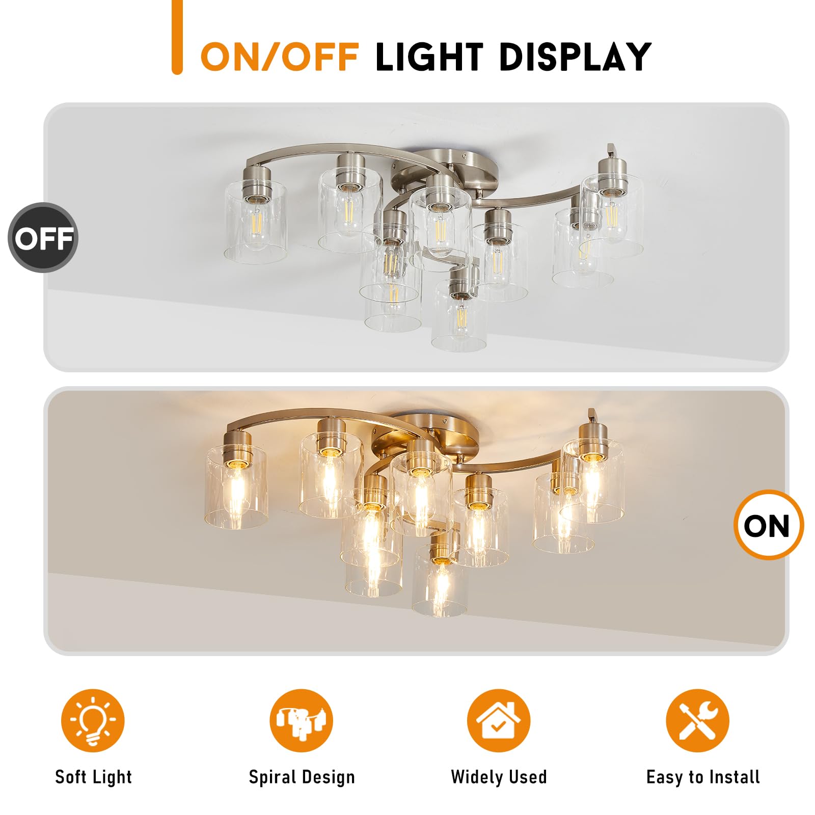 Eatich 9-Light Semi Flush Mount Ceiling Light, Modern Brushed Nickel Ceiling Light Fixture, Dining Room Light Fixture With Clear