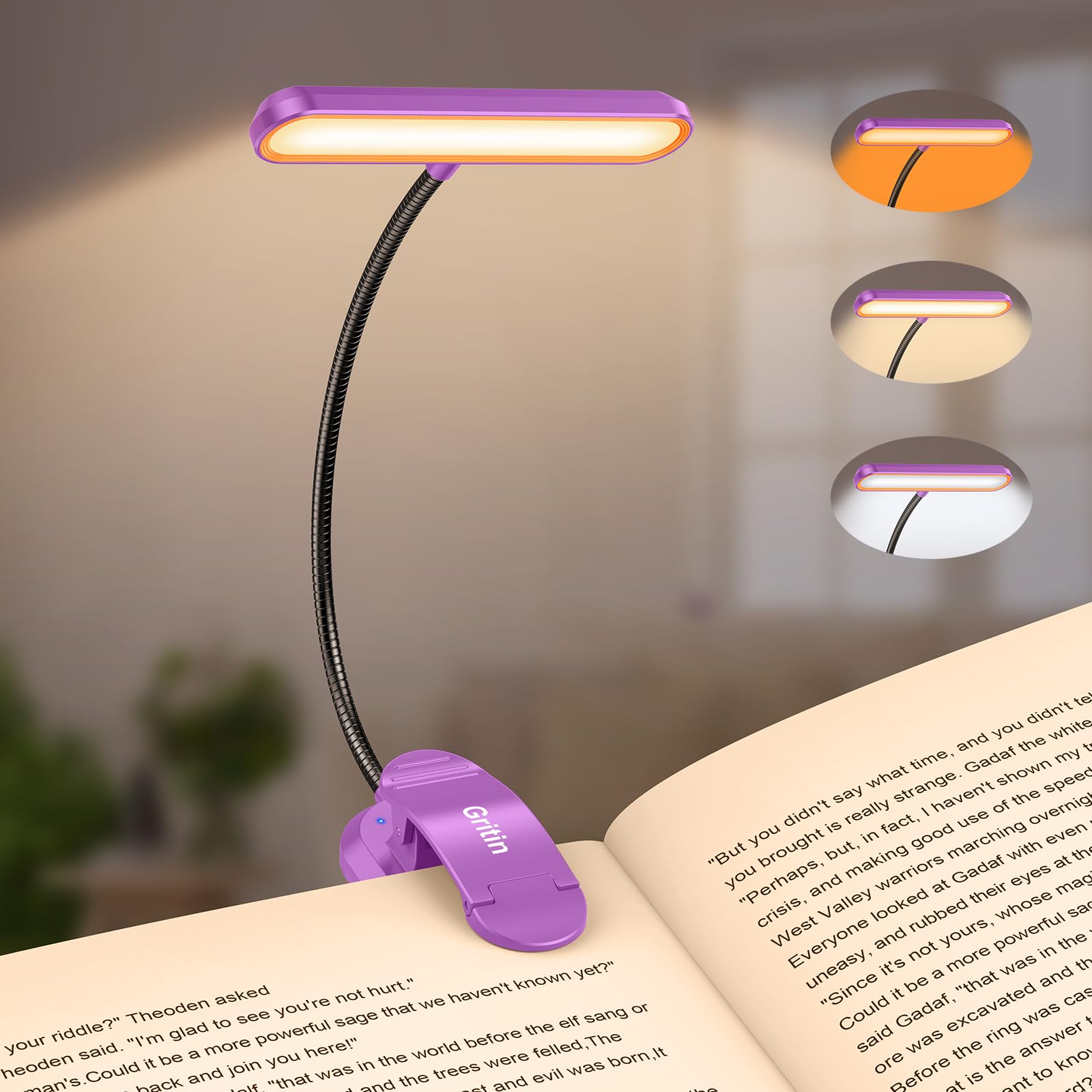 Gritin Rechargeable Book Light 19 LED, 3 Color Temperatures, 5 Brightness Levels, Flexible Goose Neck, Dark Purple, Model G1321