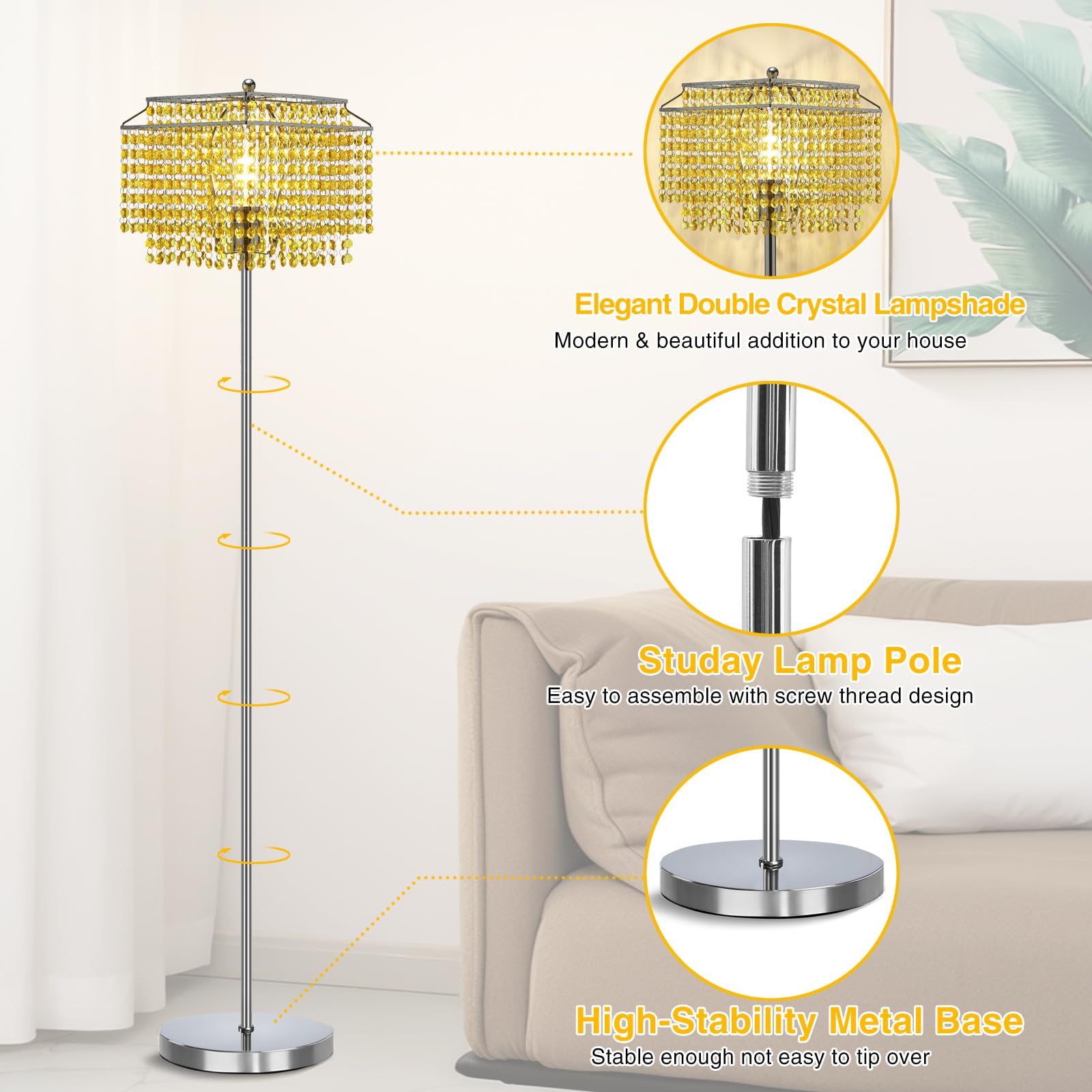 Luvkczc Crystal Floor Lamp Yellow, 64'' Tall Elegant Standing Lamp With On-Off Foot Switch, Double-Layer Lampshade, Standing Lam