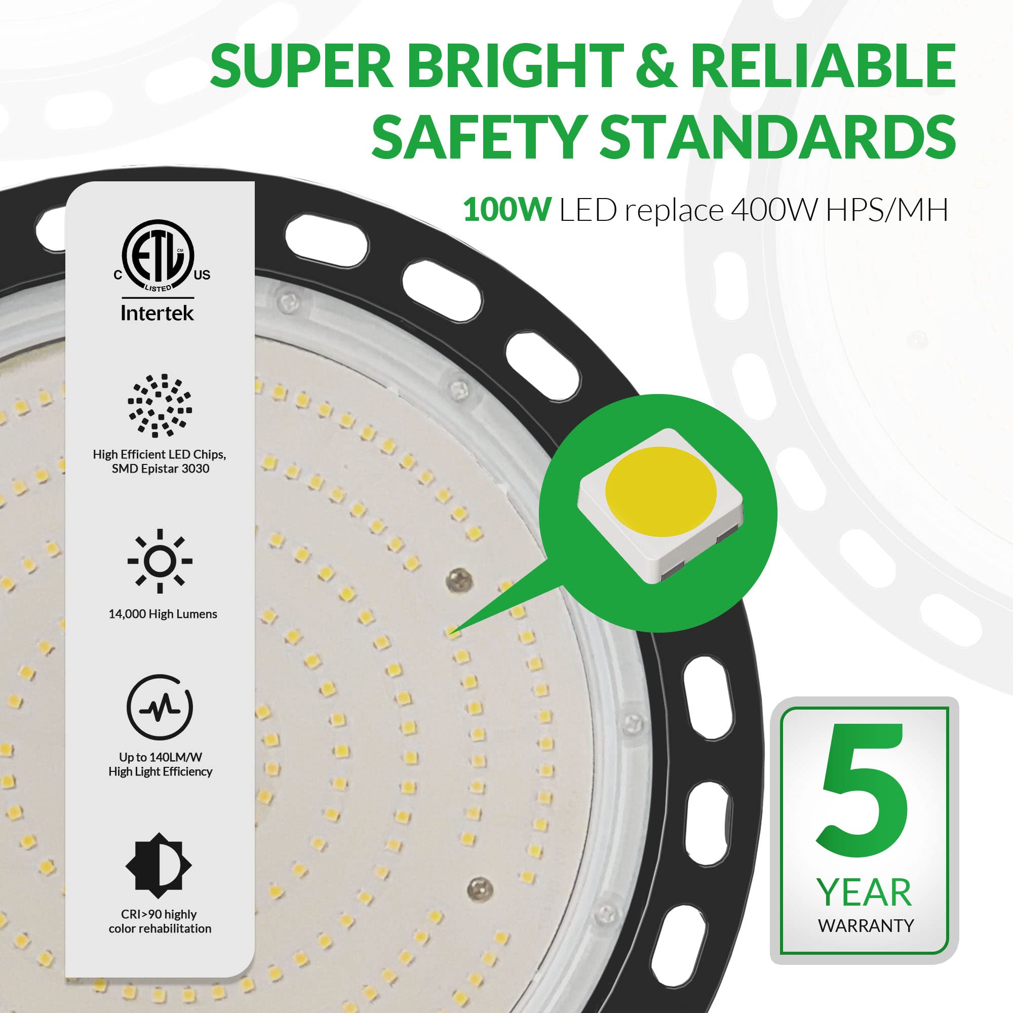 Flakeeper Led High Bay Light 100W 14000 Lm With Us Plug 5Ft Cable, 5000K Daylight, Ip65 Waterproof, Ufo Commercial Industrial Wa