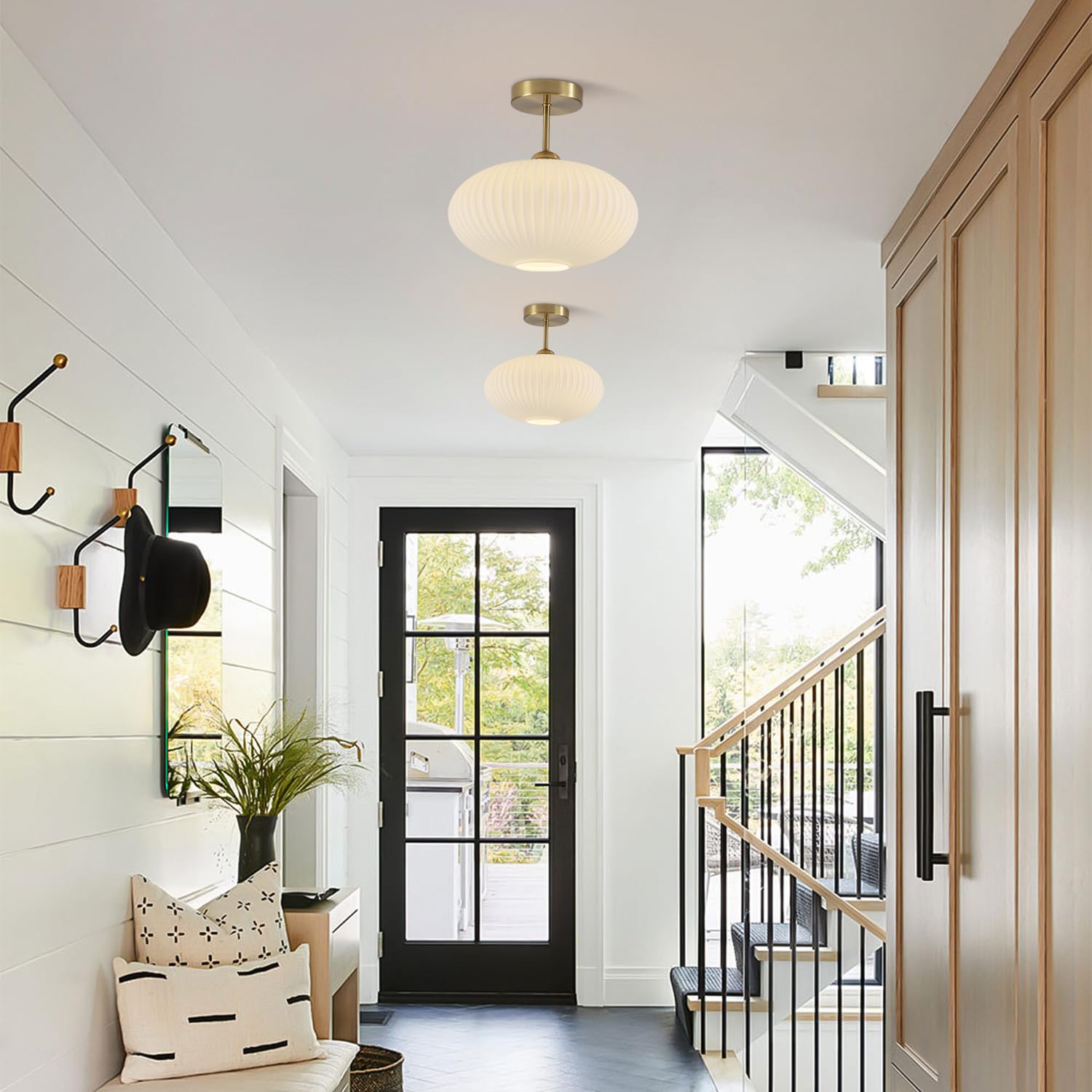 Flyrose Modern Gold Semi Flush Mount Ceiling Light Large Ribbed Glass Semi Flush Mount Ceiling Light White Ceiling Light Brass Ceiling Light Fixtures