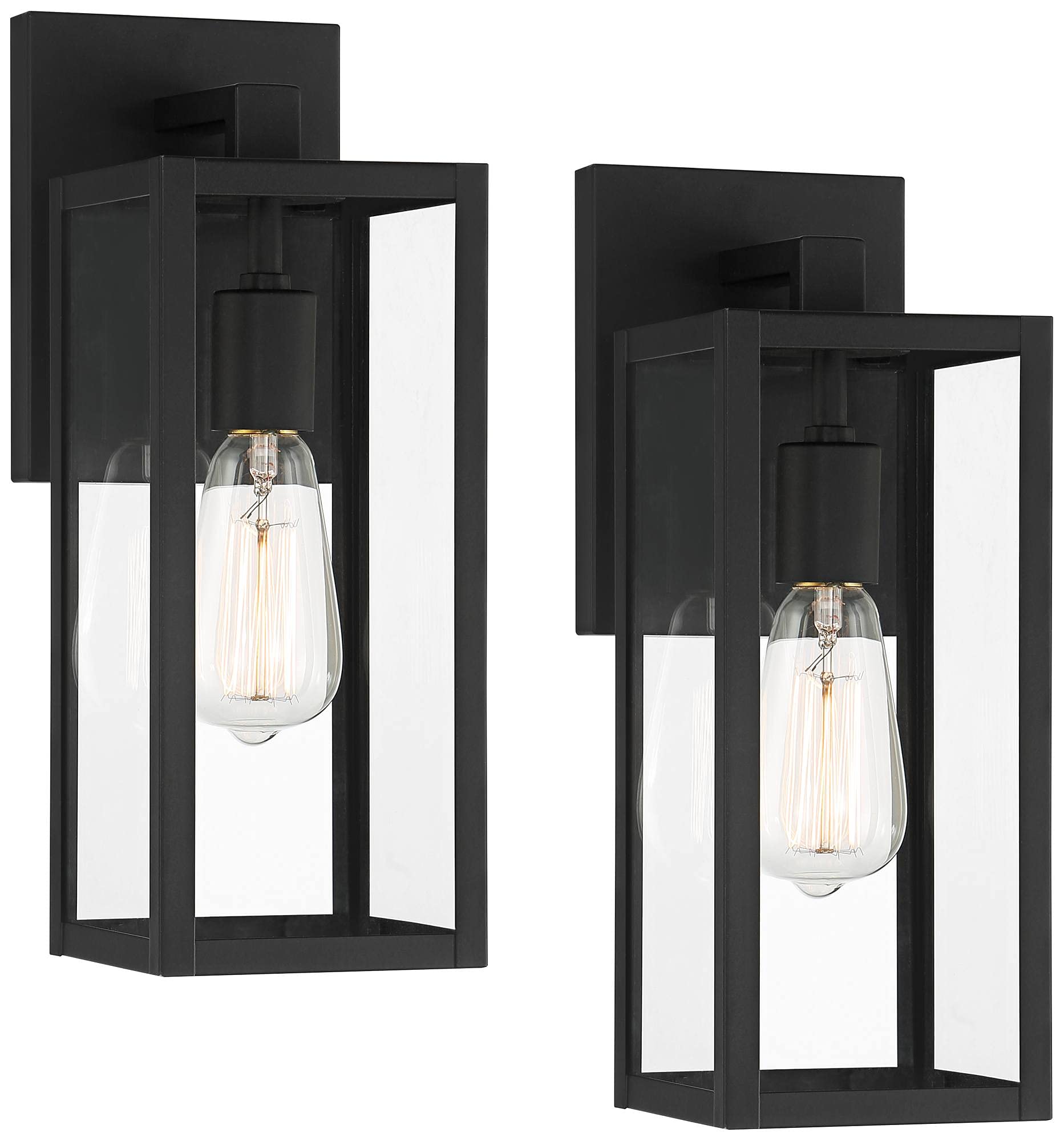 John Timberland Outdoor Wall Lights Set of 2, 14in Clear Glass, Black Metal, Damp Rated for Porch, Patio, Garage, Front Door