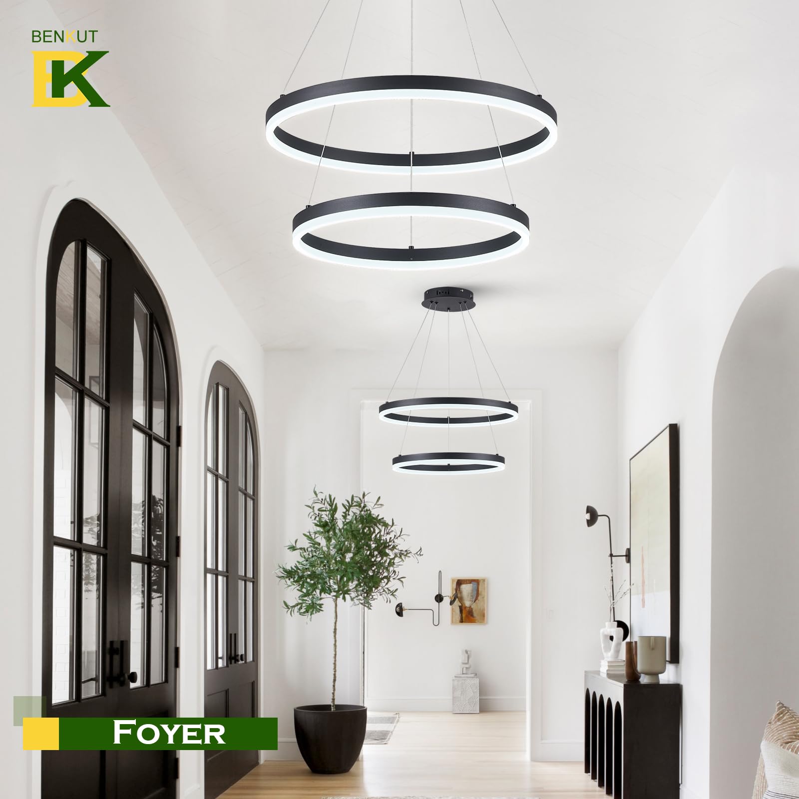 Benkut 2-Rings Modern LED Chandelier, Dimmable Ceiling Light, Remote Control, Black, 3000K-6500K for Dining Room & Living Room