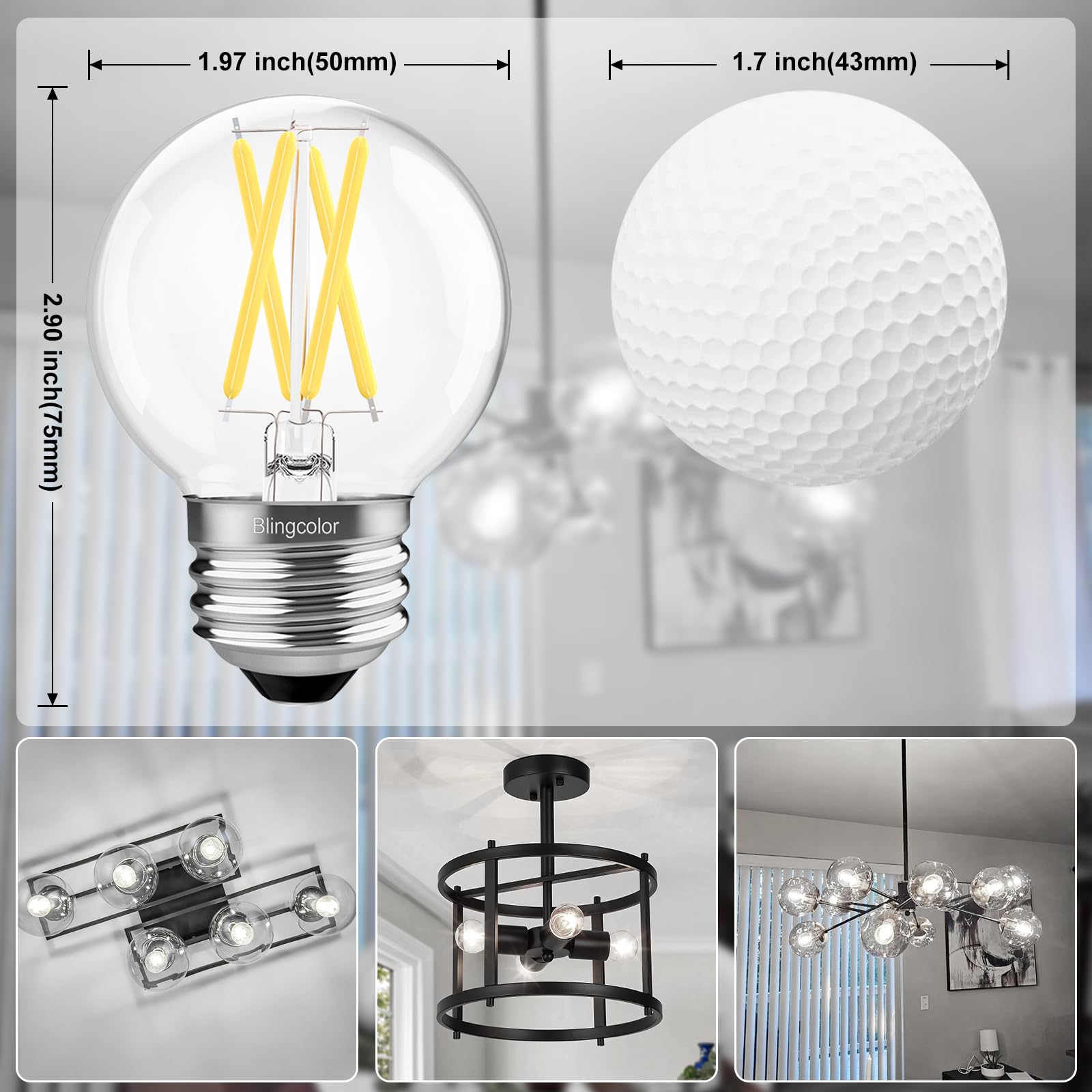 BLINGCOLOR 6W E26 LED Light Bulbs - 6 Pack Dimmable G16.5, Daylight 5000K, Glass, 600lm, CRI80+,