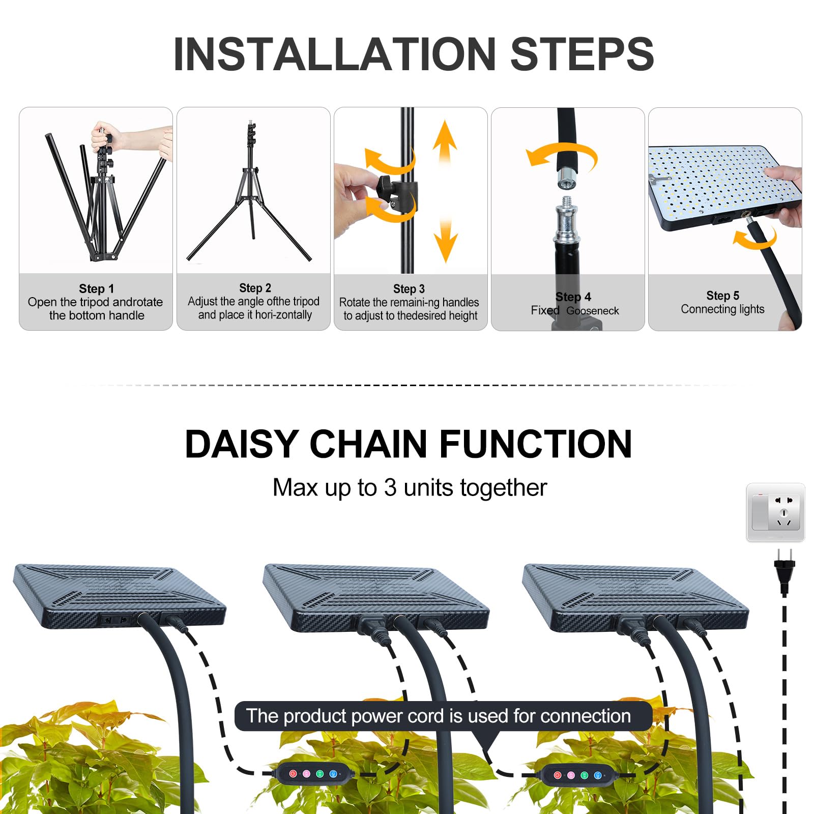 Orchbloom Grow Light with Stand, 25W Full Spectrum, Adjustable 24"-64", Black, Aluminum, Model Zinqolay