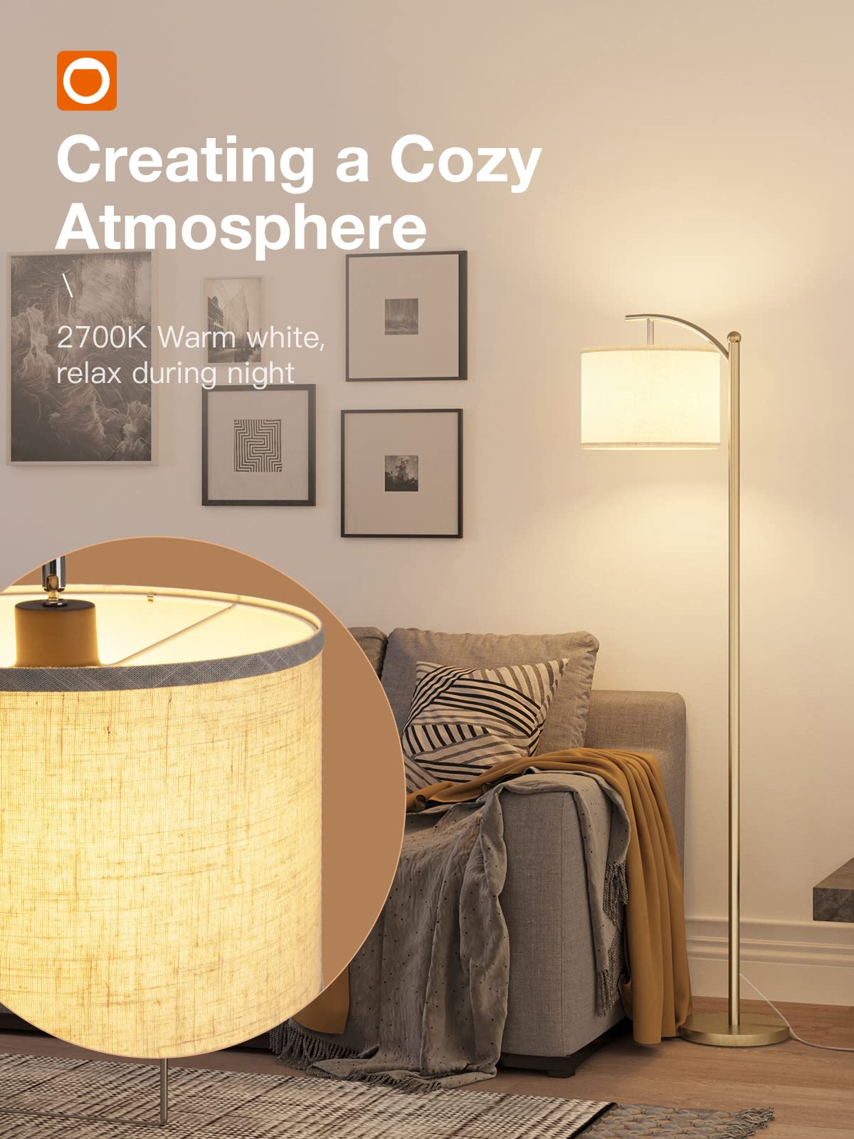addlon Floor Lamp with Beige Linen Shade, 63in Brass Gold Metal, Modern Design