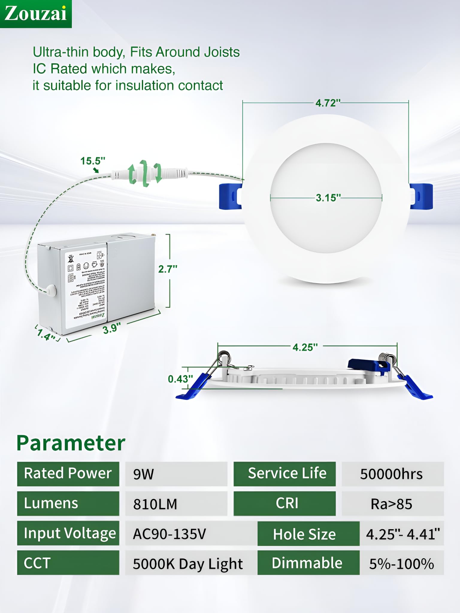 Zouzai 12 Pack 4" Ultra-Thin LED Recessed Lights, 5000K, Dimmable, ETL & Energy Star Certified, Aluminum, Model LBT-4