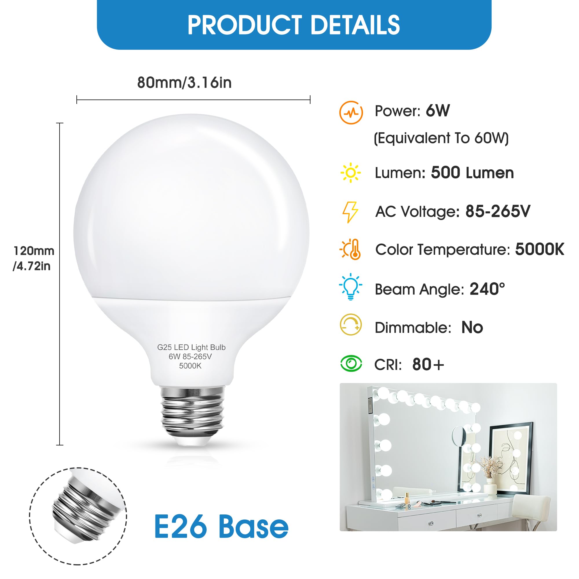 Evastary G25 Led Globe Bulbs, Vanity Light Bulb For Bathroom Vanity Mirror, 60W Led Light Bulbs Equivalent, Bright 5000K Dayligh