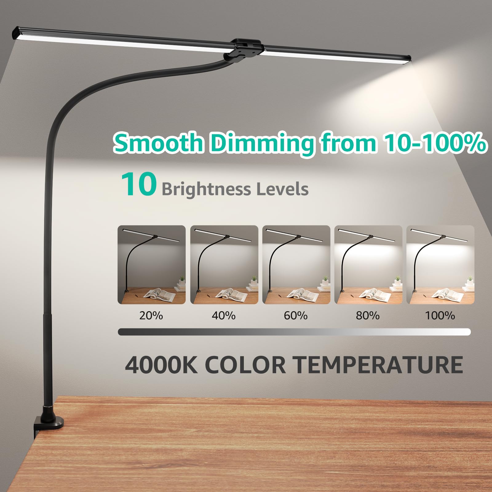 Shinetech Led Desk Lamp For Home Office, 4000K Neutral White Double Head Architect Task Lamps With Clamp, Dimmable Adjustable Fl