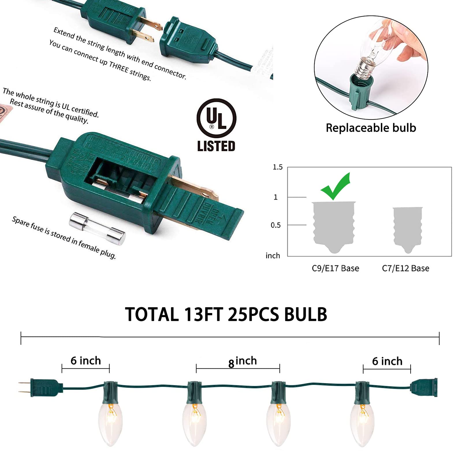 C9 Clear Christmas Lights, 25Ft Vintage Outdoor String Lights With 26 C9 Clear Glass Bulbs, Hanging Christmas Roofline Lights Fo