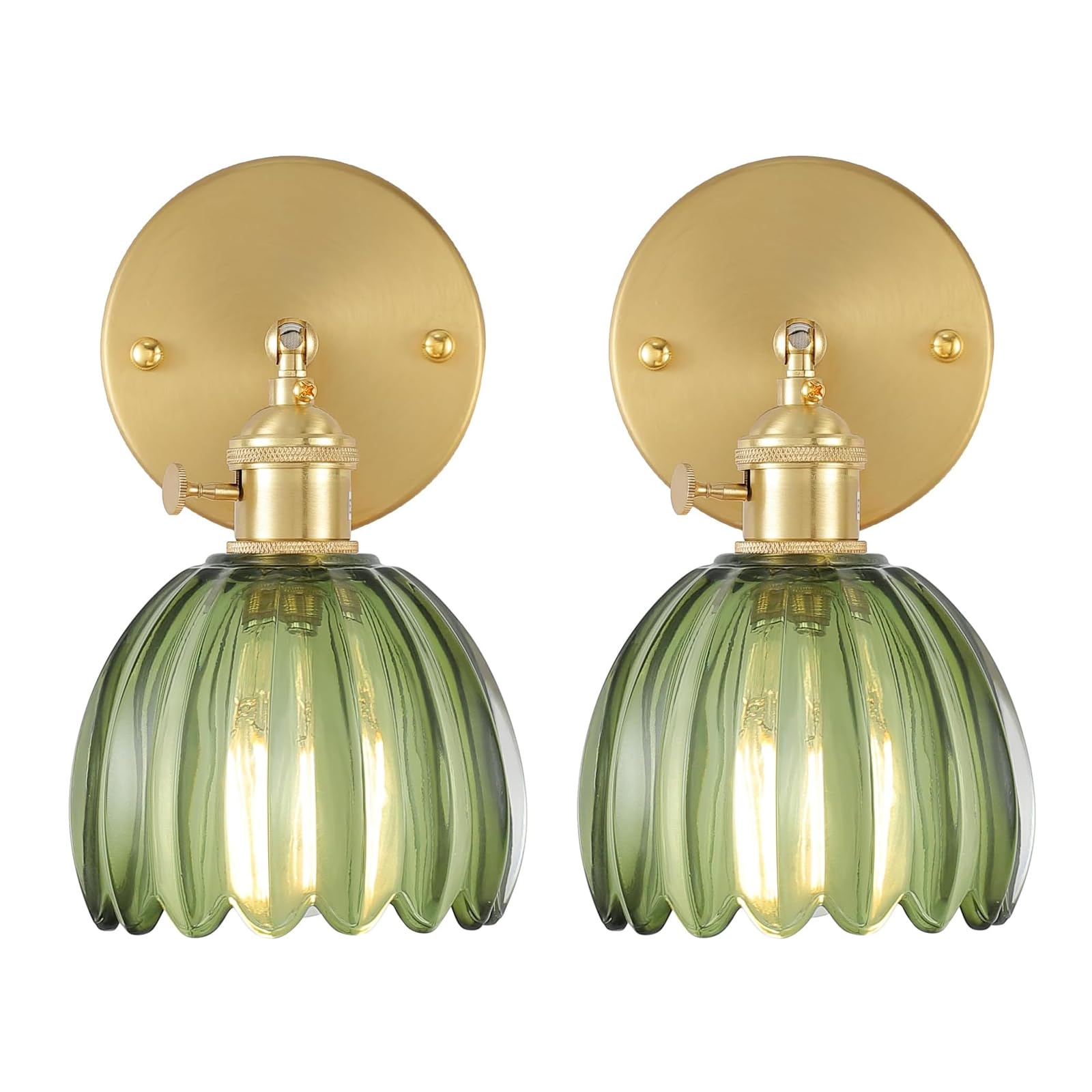 Shenmoyl Vintage Wall Sconces Set of 2, Green Tulip Glass, 180° Adjustable Brass, Hardwired Lighting Fixture for Bedroom, Model 1-9415