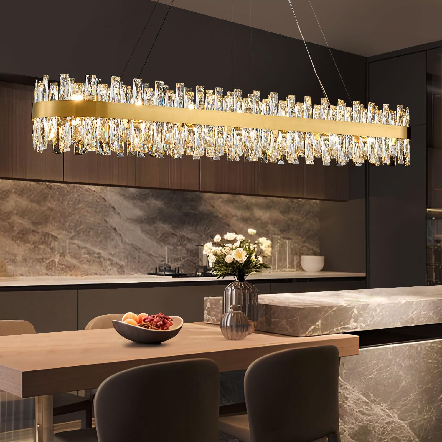 Tmafon Modern Brass Gold Crystal Chandelier, Rectangle K9 Crystal Raindrop Chandelier Lights, Contemporary Ceiling Hanging Light