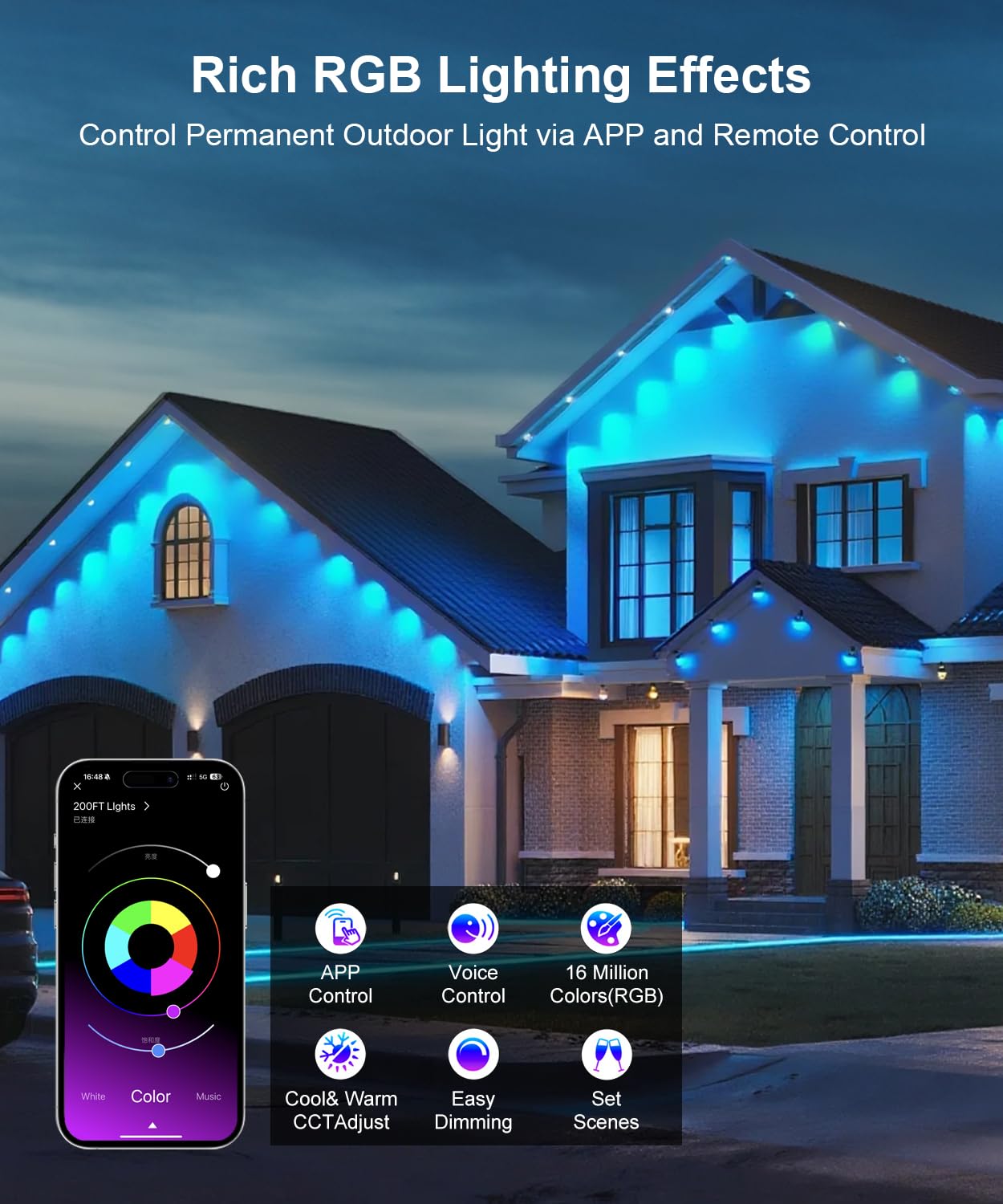 Fussion 400FT Smart RGB LED Outdoor Lights, IP67 Waterproof, Remote Control, Model LX20250312-120M, White, Perfect for Holidays and Parties