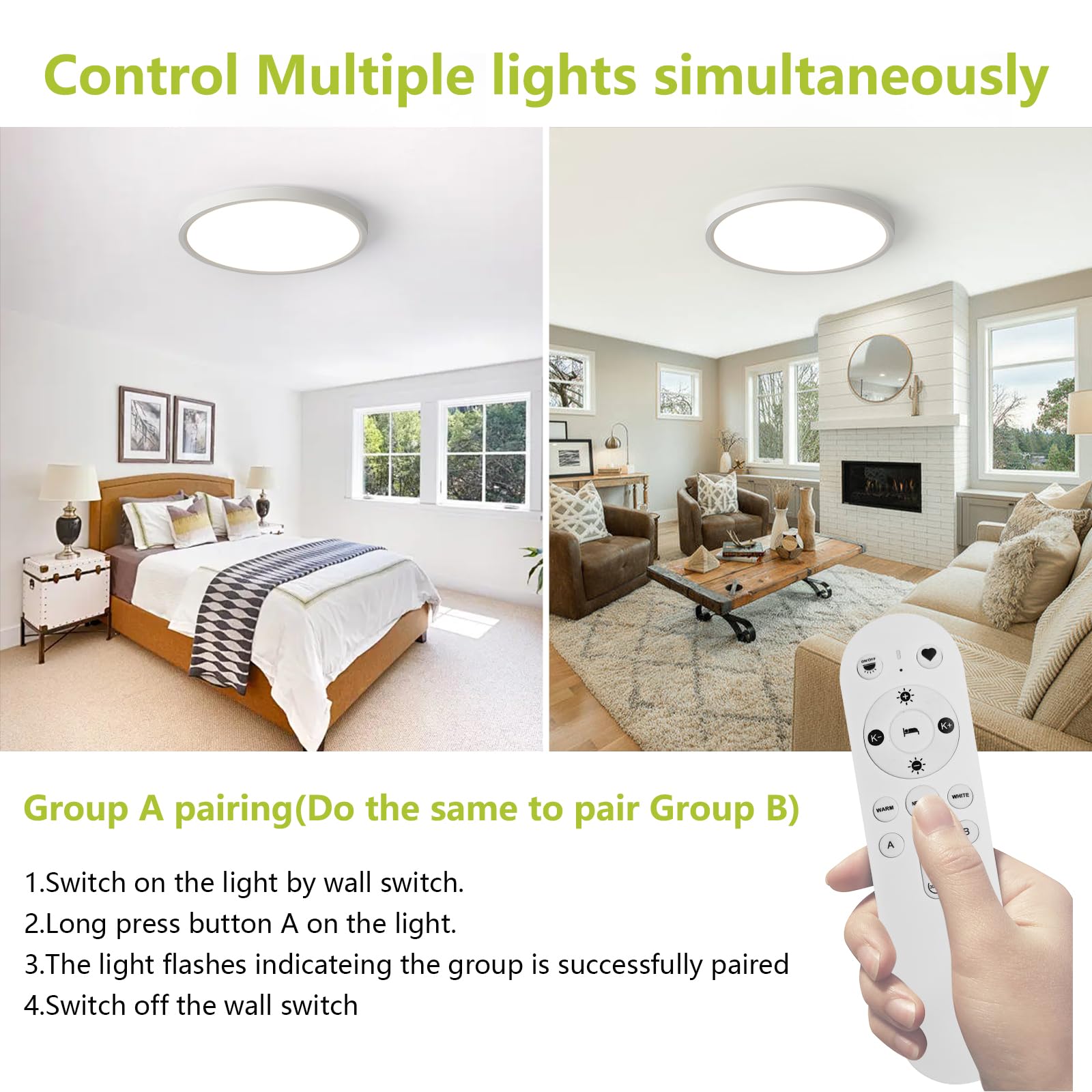 YELIOLED 20in LED Flush Mount Ceiling Light, 4200LM, Dimmable, Adjustable 2700K-6500K, Remote Control, White, Model LA-RC