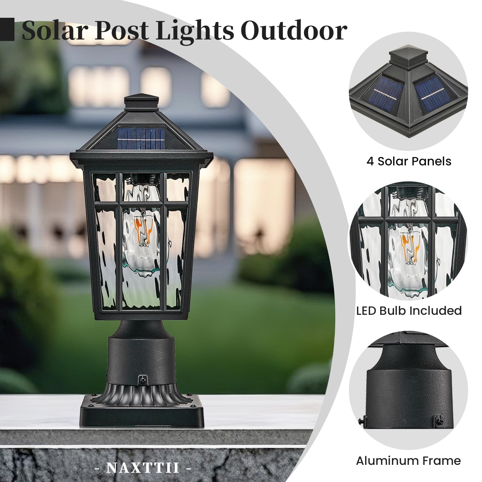 NAXTTII Solar Lamp Post Light, Waterproof Black Aluminum, 13.6 Inch, Model XN12P-S-SL-SW-BK, Includes Remote Control and LED Bulb