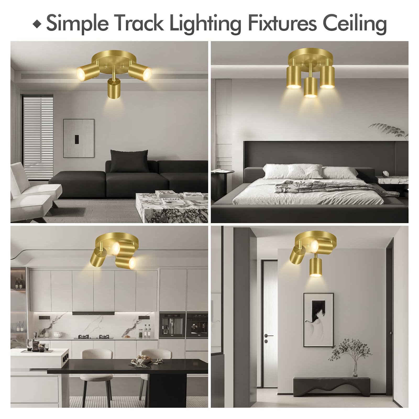 Bricosmocon 3-Light Gold Track Lighting Fixture, Adjustable Metal Ceiling Spotlight, Model FC0303 for Kitchen/Living Room