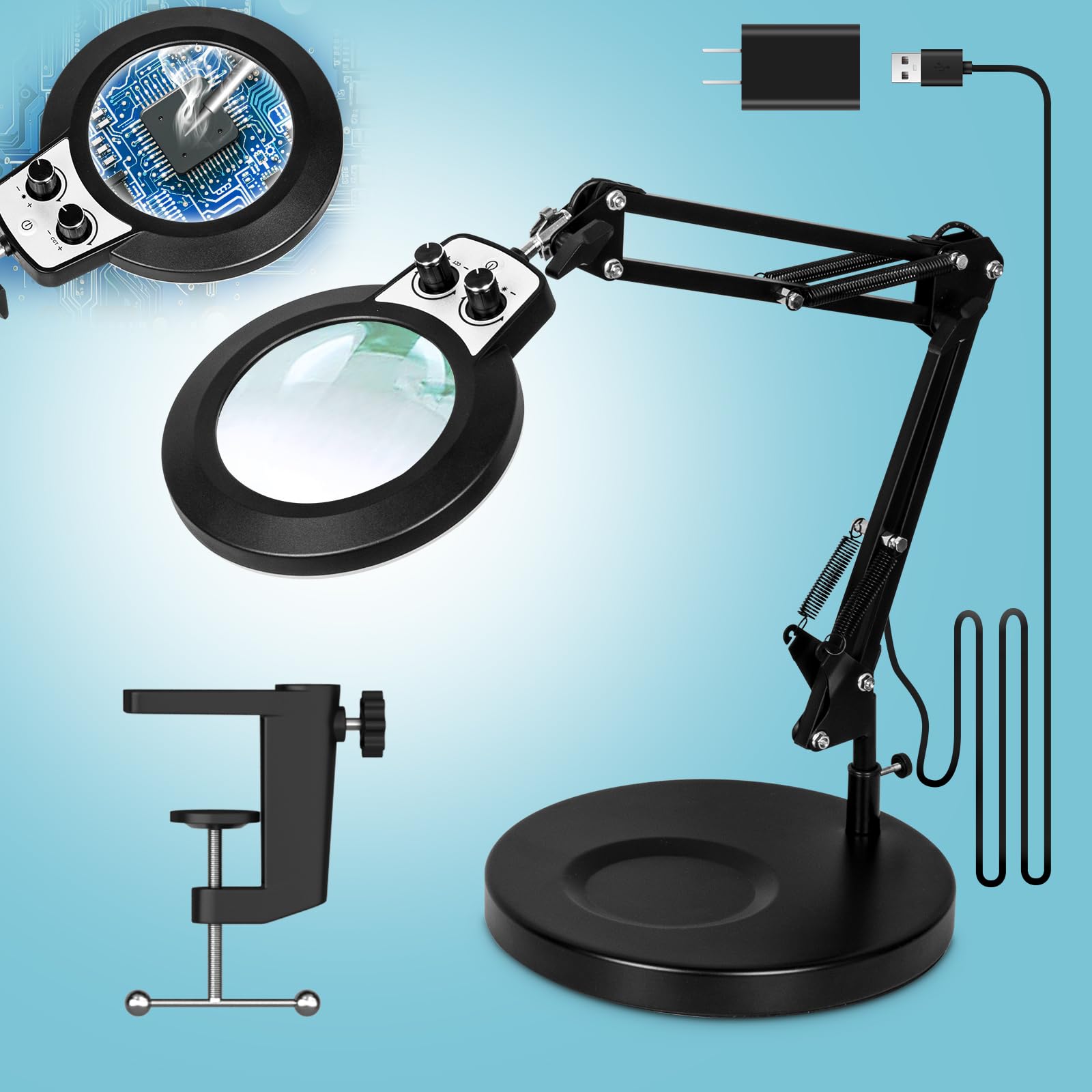 KUVRS 10X Magnifying Glass with Light and Stand, 2-in-1 Large Base & Clamp LED Magnifying Lamp, Any Color Modes Stepless Dimmabl