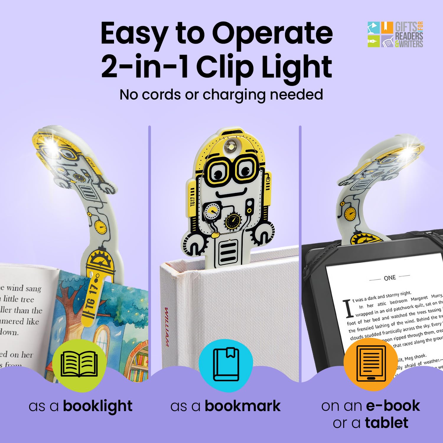 Gifts for Readers & Writers Bookmark Reading Light Robot Grey - 2in1 Clip On Bookmark Kids Light for Reading in Bed, Travel Cute