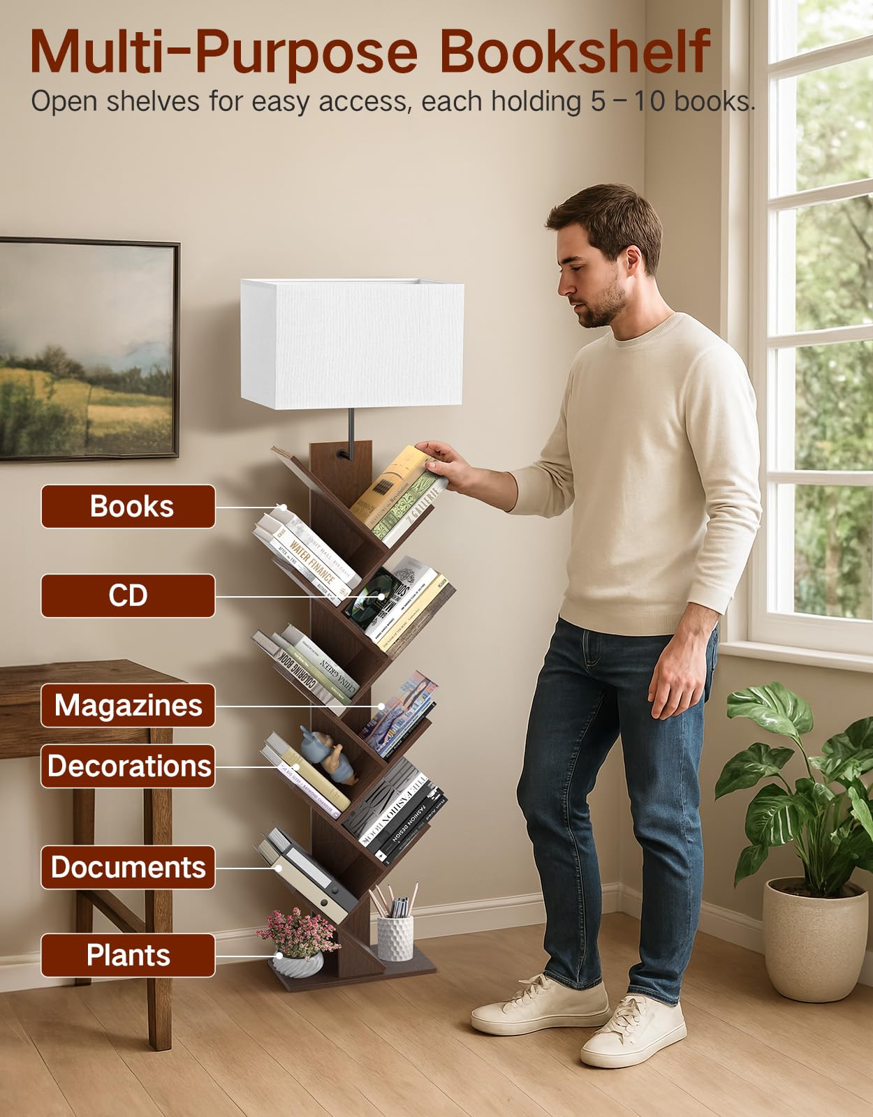 OUTONLIFE 9 Tier Tree Bookshelf, Wood Bookcase with Light, 17x34.5x152.3cm, Walnut, Model YMEUSJ05