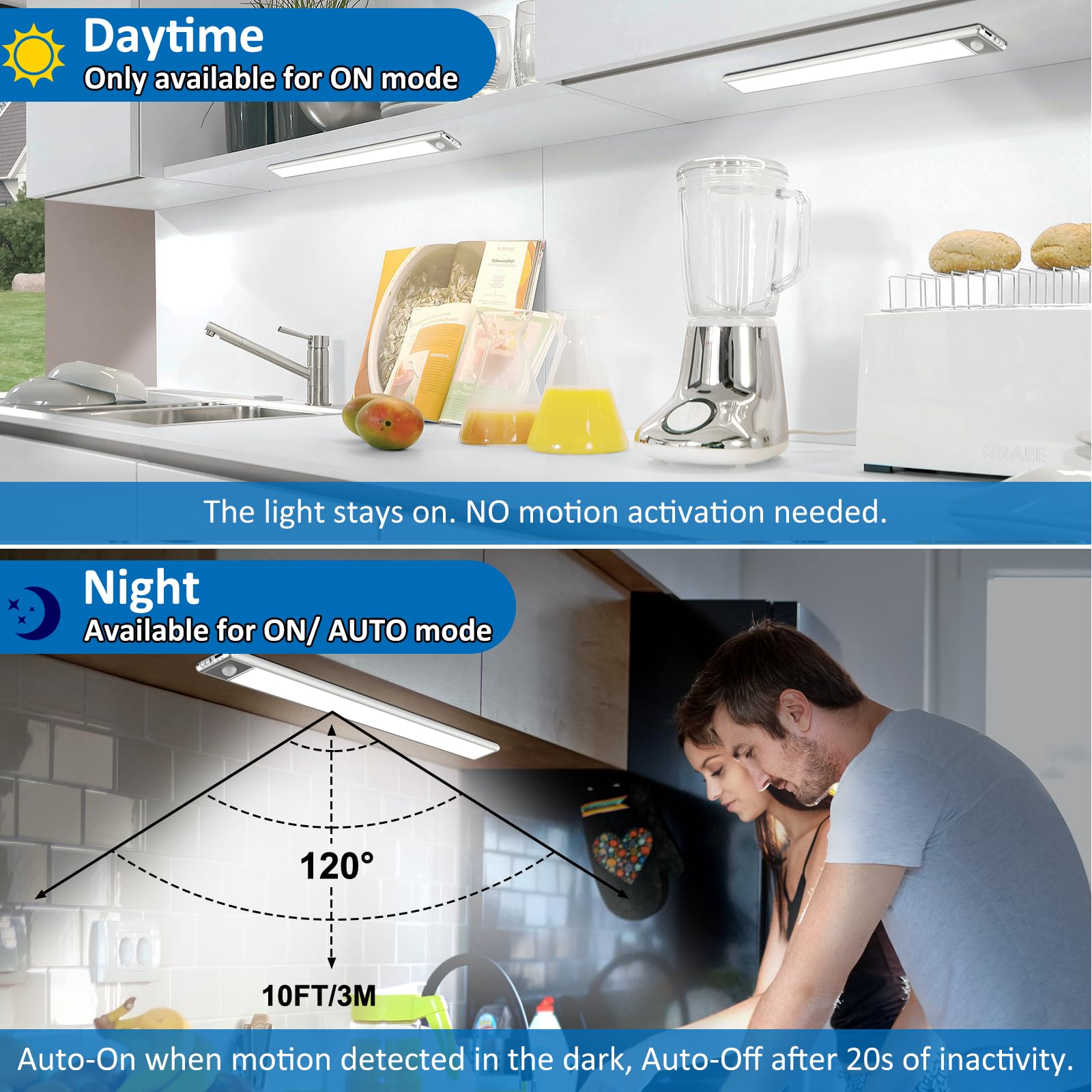 YLXS Motion Sensor Under Cabinet Lights, 15.9" Aluminum Wireless Light Bar, Magnetic Rechargeable, Cool White, 2-Pack