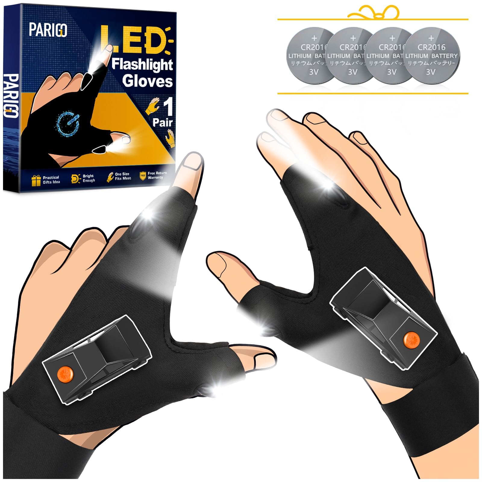 PARIGO LED Flashlight Gloves, Waterproof Lighted Fishing Gift, Large, Light Black, Model H019