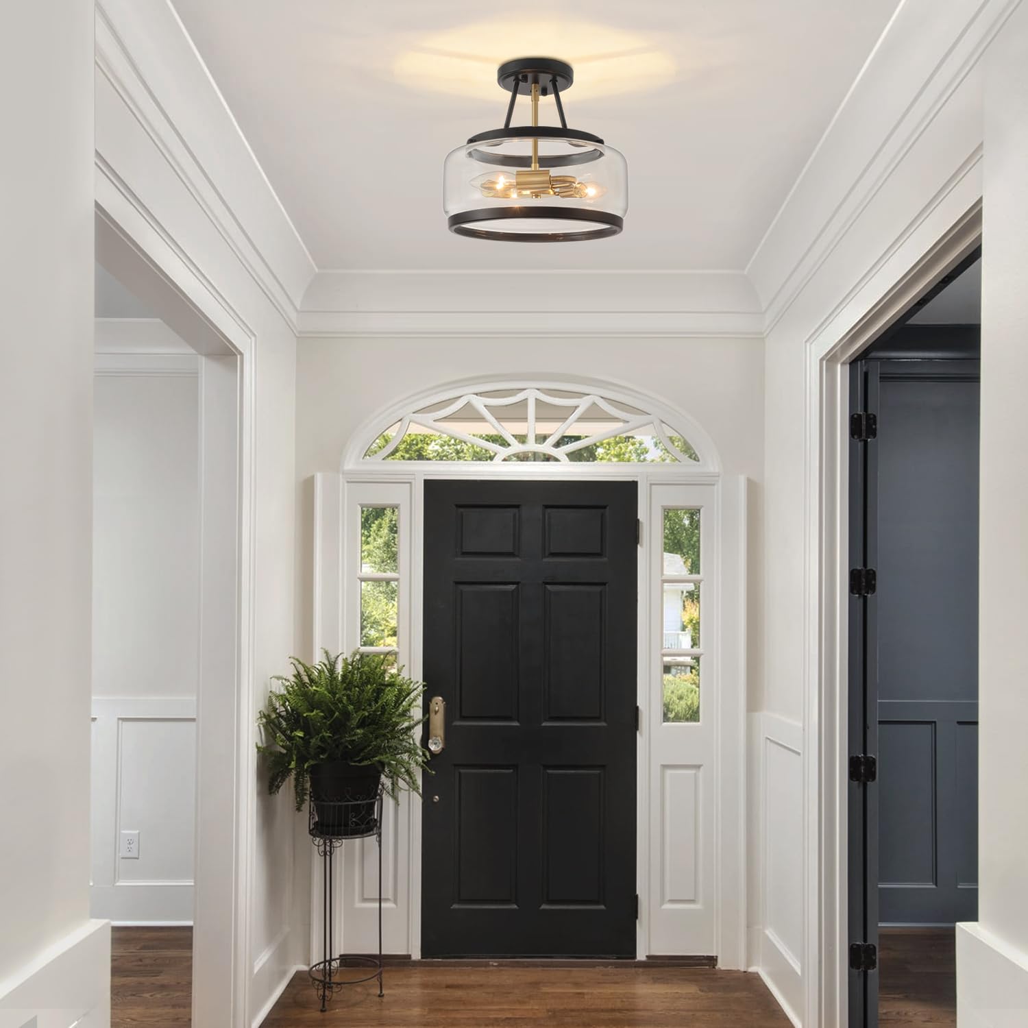 11.81 Black And Brushed Gold Close To Ceiling Light  3-Light Modern Drum Light Fixtures  Hallway Ceiling Lights  Glass Ceiling Lamp For Entryway Bedroom Laundry Kitchen Dining Room Lighting Ul-Listed