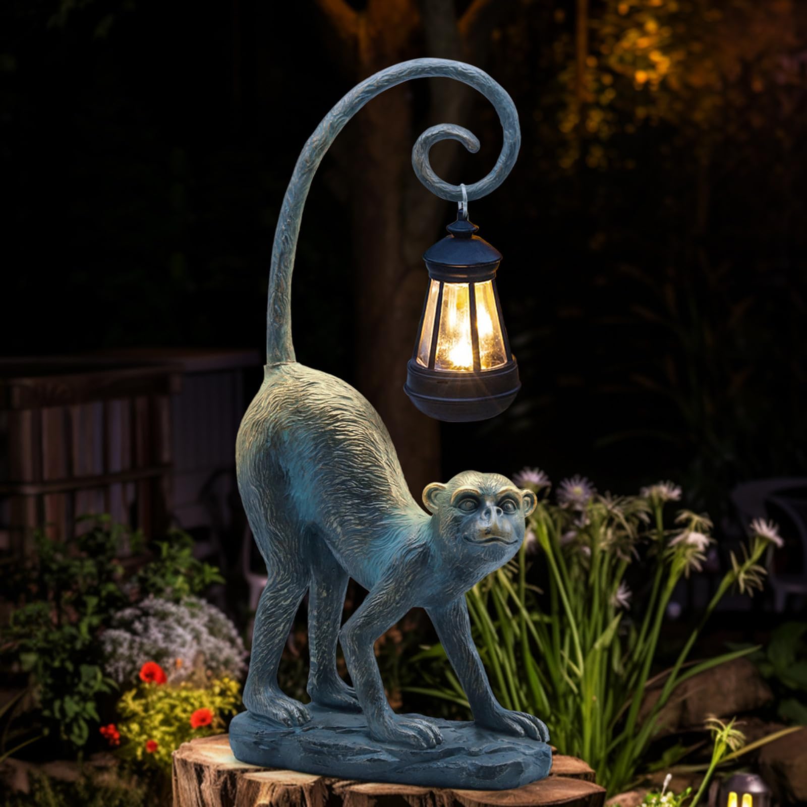 IVCOOLE Resin Monkey Statue with Solar Light - Large Bronze Garden Decor, Model IVCOOLE -002