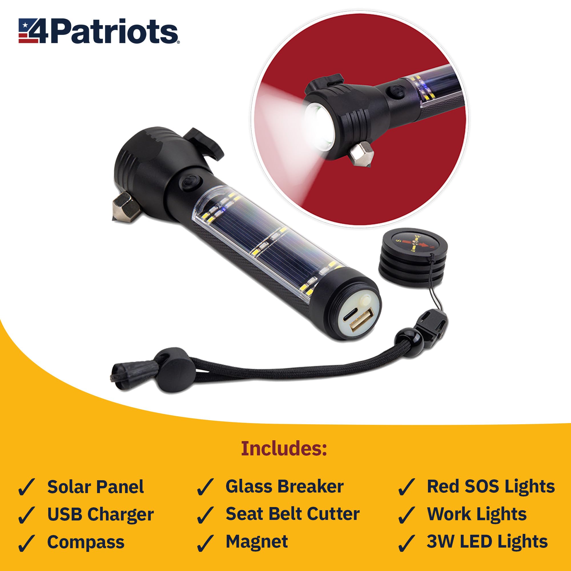 4Patriots HaloXT Solar Tactical Flashlight - Multi-Functional, Power Bank, 4-Pack, Black, Model 593