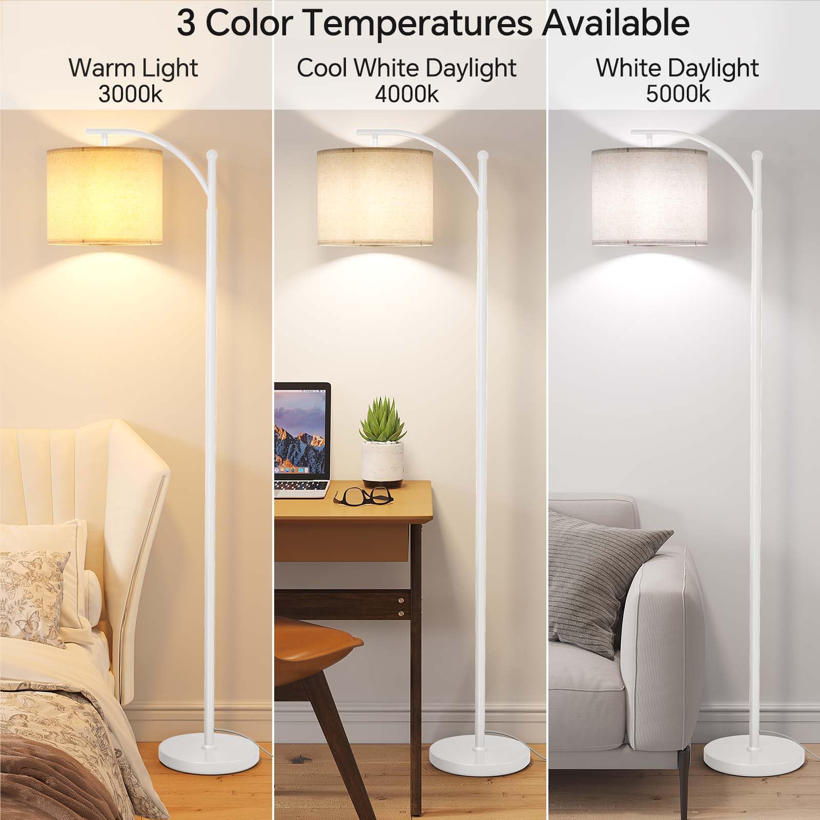 SUNMORY Arc Floor Lamp, Modern Metal Standing Lamp with 9W Bulb, Adjustable Lampshade, White, Model MF18166A