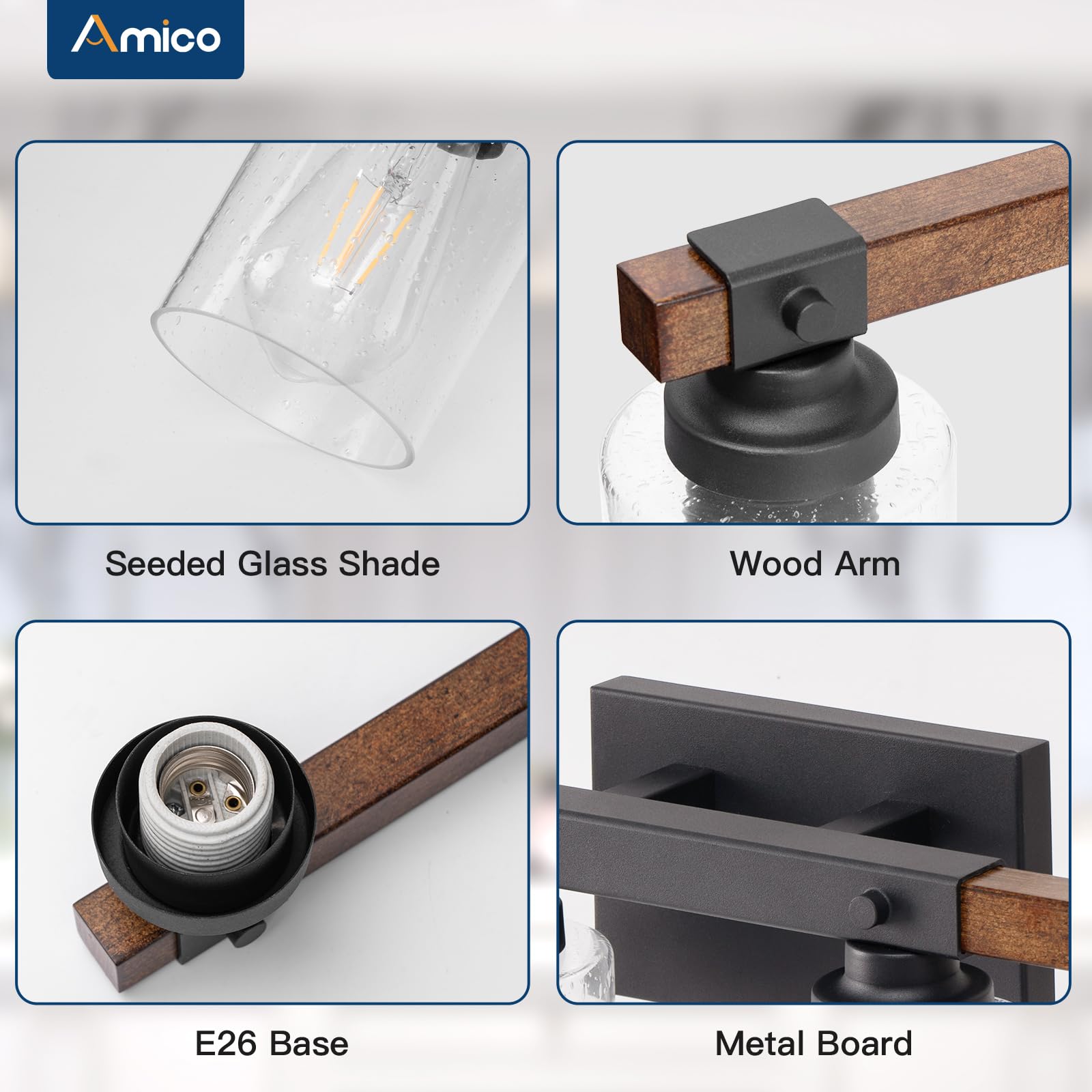 Amico 4-Light Rustic Bathroom Vanity Light Fixture, Black Industrial Wood Sconces with Bubble Glass Shade