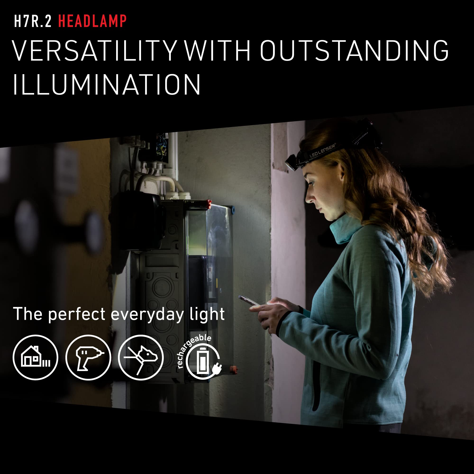 Ledlenser, H7.2 Rechargeable Headlamp, High Power LED, 5-250 Lumens, Hands-Free Light for Outdoor Use, Home, Camping, Black