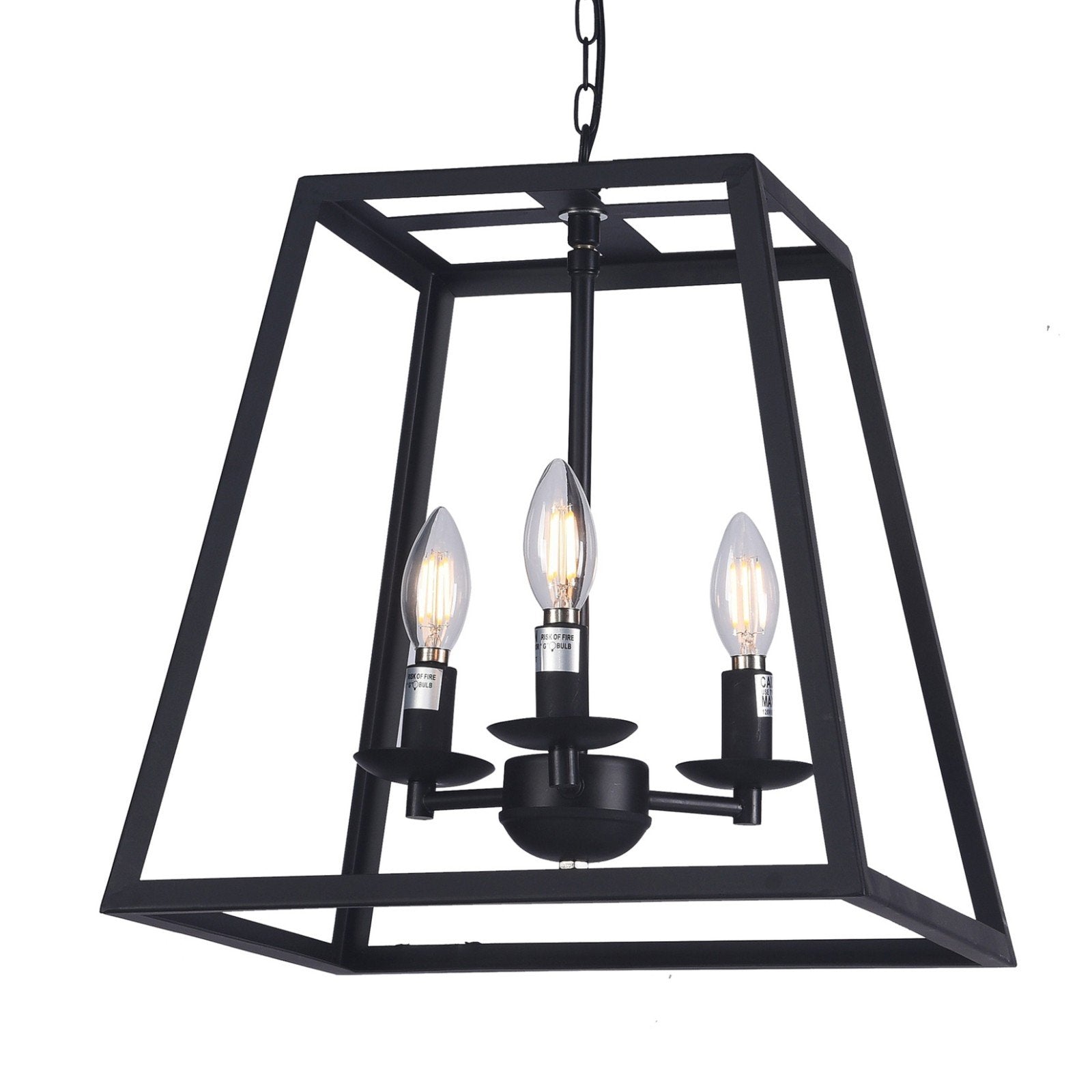 Raekor 14" Modern Black Metal Iron Frame Square Cage Chain Hanging Chandelier Ceiling Light 3-Bulbs Lantern Lighting Fixture, Matte Black Finish, Ul Certificated