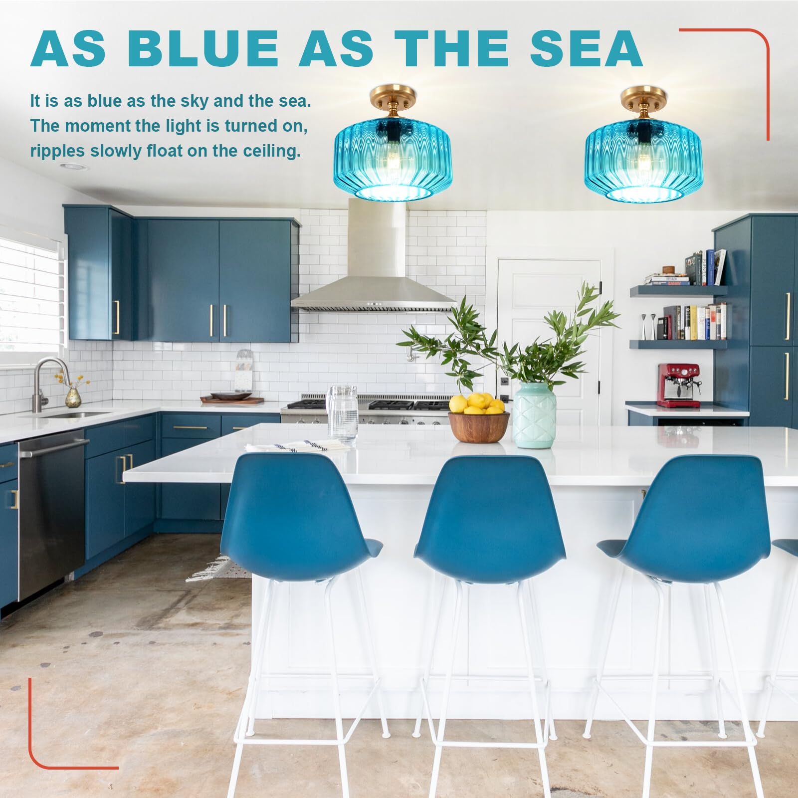 Qepeety Blue Glass Flush Mount Ceiling Light  11.02 Vintage Gold Chandelier Hallway Lights Fixture  Modern Close To Ceiling Lighting For Bathroom Bedroom  Compatible With E26 Bulb (Bulb Not Included)