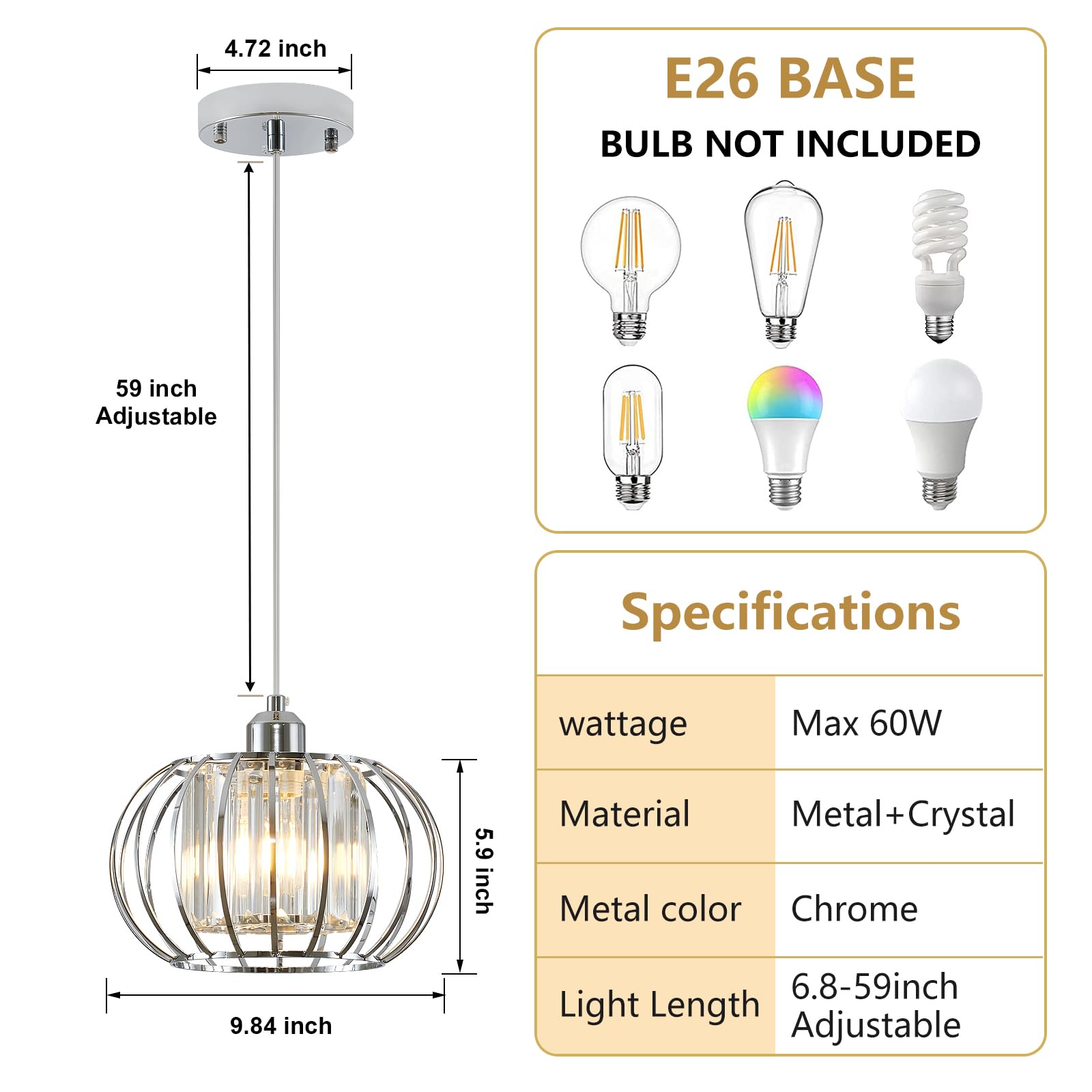 Xsdetu Modern Chrome Pendant Light Fixtures, Mini Crystal Hanging Light Chandelier, Metal Kitchen Island Lighting, Adjustable Pendant Lighting For Kitchen Island, Dining Room, Bedroom, Hallway