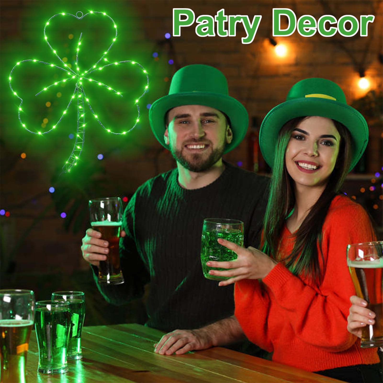 St Patricks Day Decorations Accessories,Irish Shamrock LED Window Lights,13.2IN 58LED Green Iron Frame Silhouette Lights, USB Po