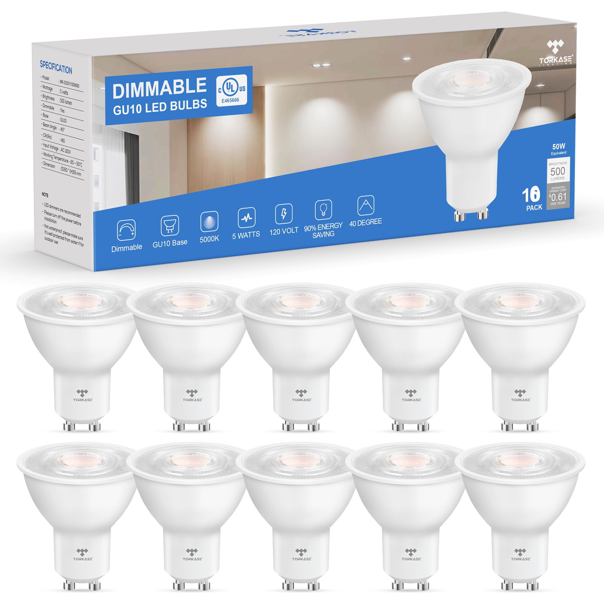 Dimmable 5000K Gu10 Led Bulbs, 5W (Equivalent To 50W Halogen), 120V 500Lm, Energy Saving, Ul Listed, For Track, Recessed Lightin
