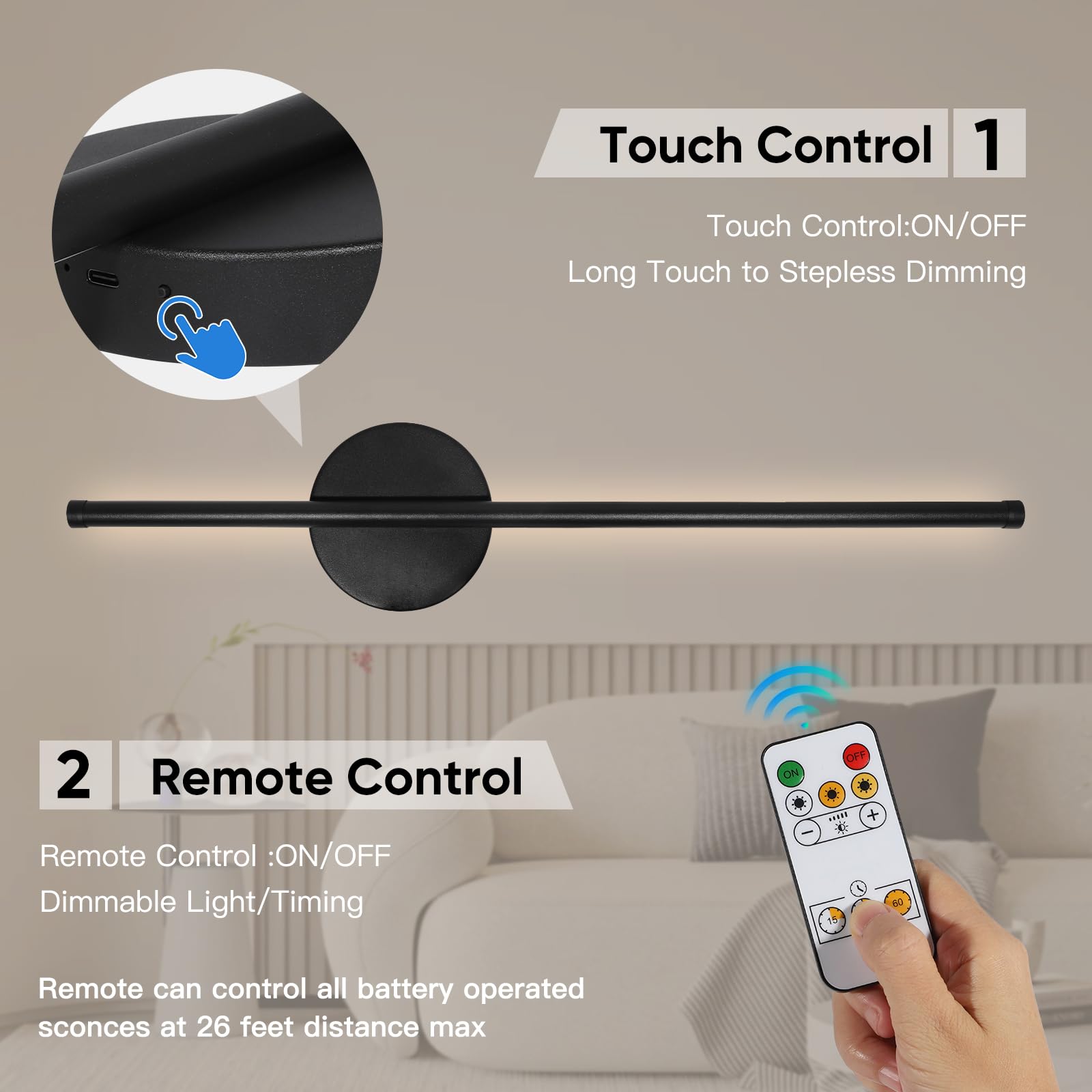 TaoFiaCo Battery Operated Wall Sconces Set of Two, 24 Inch Black Metal, Wireless Rechargeable with Remote, Dimmable Decor