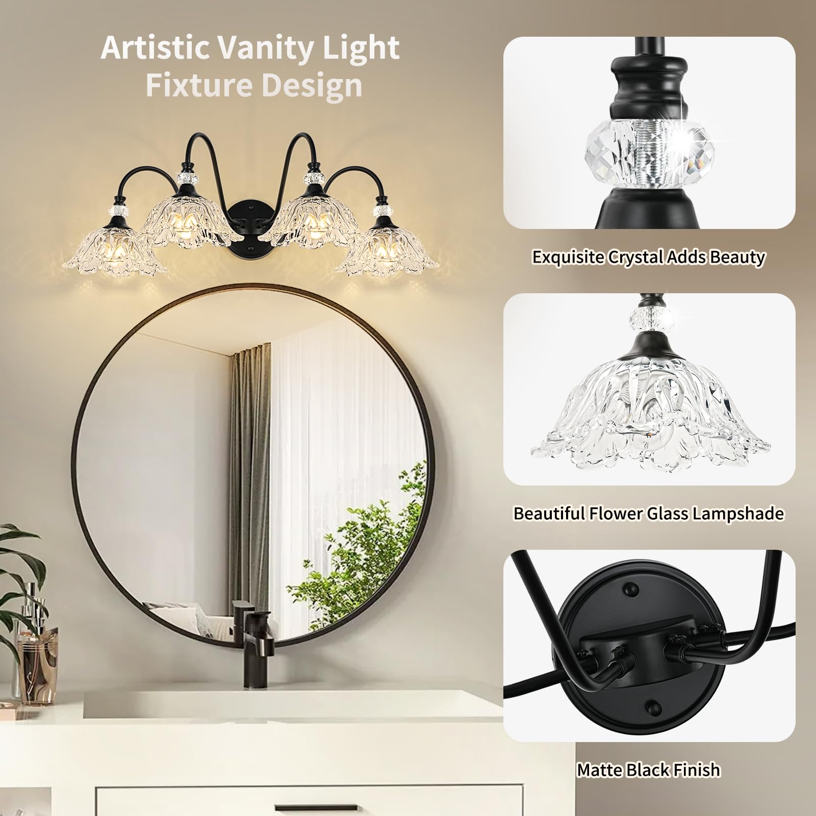 Sunkryster 4-Light Bathroom Vanity Light, Matte Black, Floral Clear Glass Shades, Model Sun-104AB-Black-4