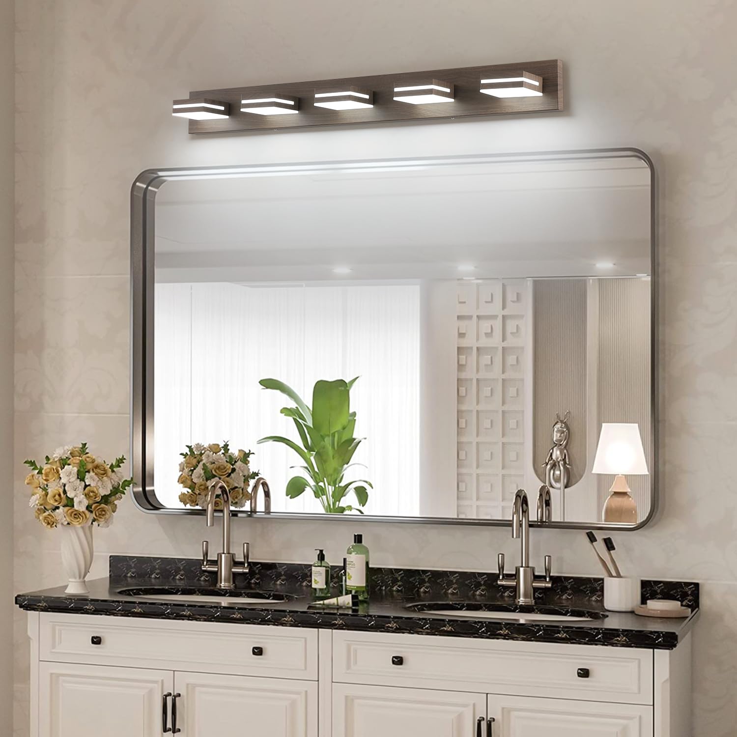 SineRise 5-Light LED Bathroom Vanity Light Fixture, 40-Inch, Dimmable, Brown Wood, Stainless Steel