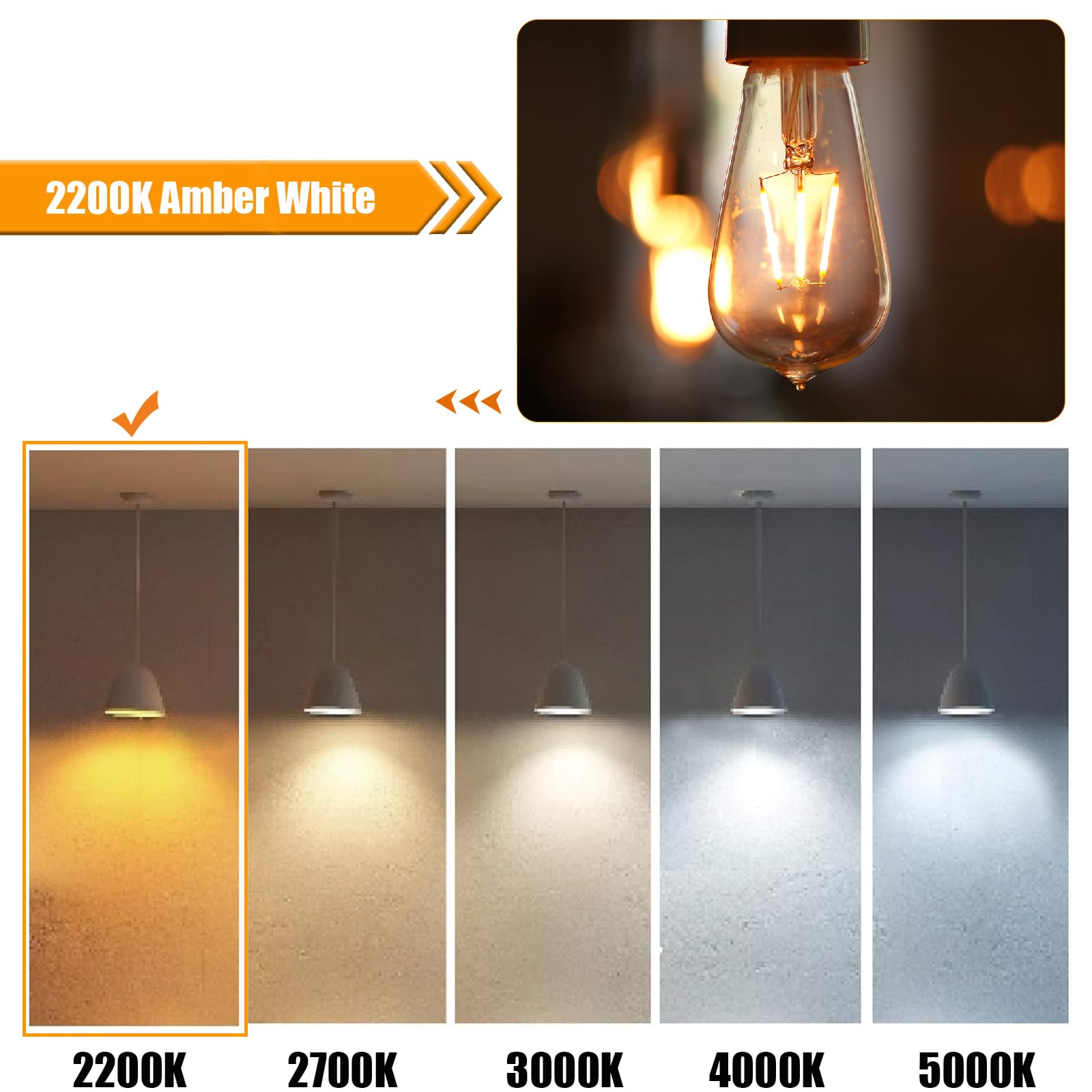 16 Pack Led Edison Bulbs 40W Equivalent, Dimmable 4 Watt Filament Bulb, 2200K Amber White St19 Light Bulb, 450Lm E26 Vintage Led