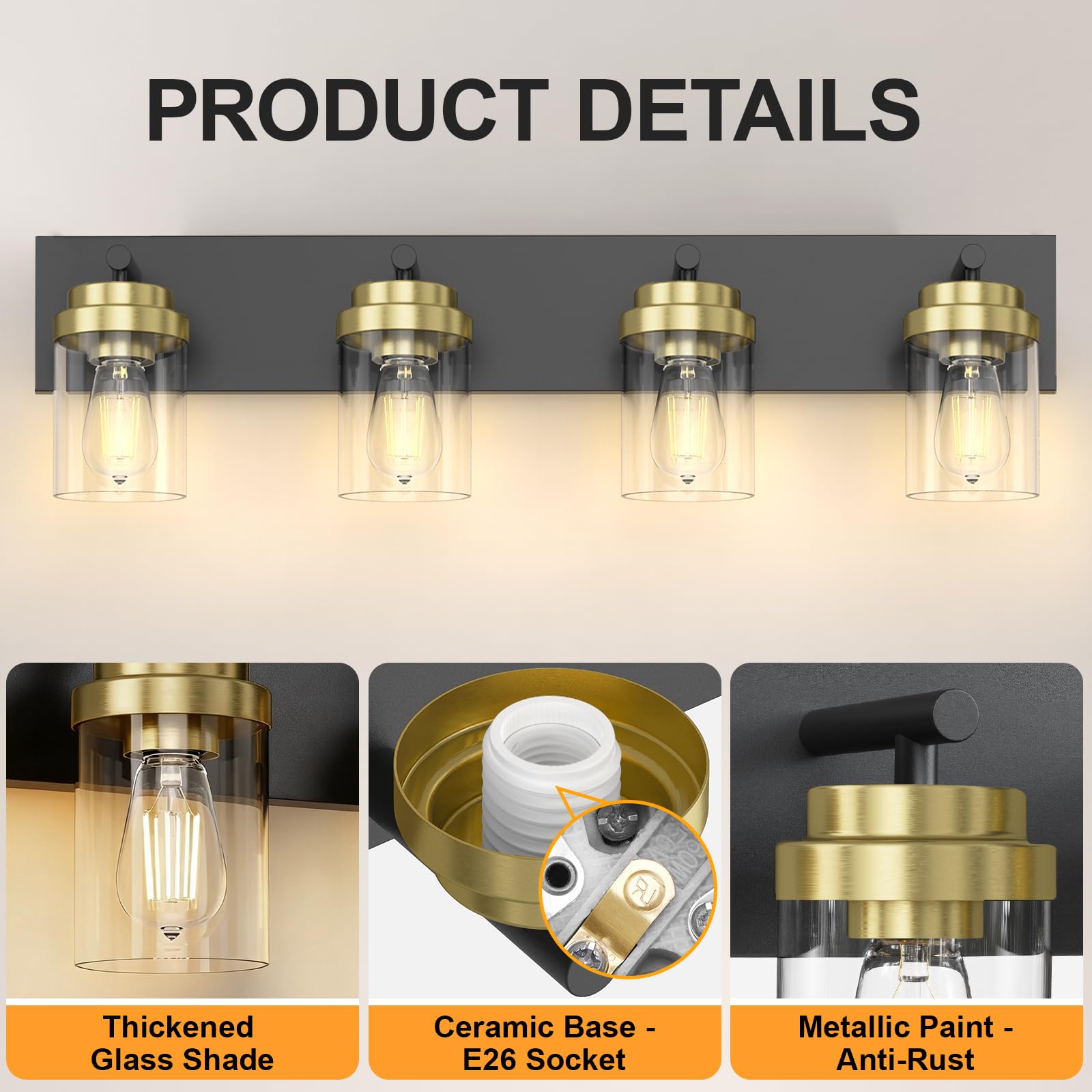 Izorro Bathroom Vanity Light Fixture  4-Light 27.5 Inch Black And Gold Bathroom Light Fixtures Over Mirror  With Clear Glass Shade  Modern Farmhouse Vanity Lights  Rustic Restroom Lighting Fixtures