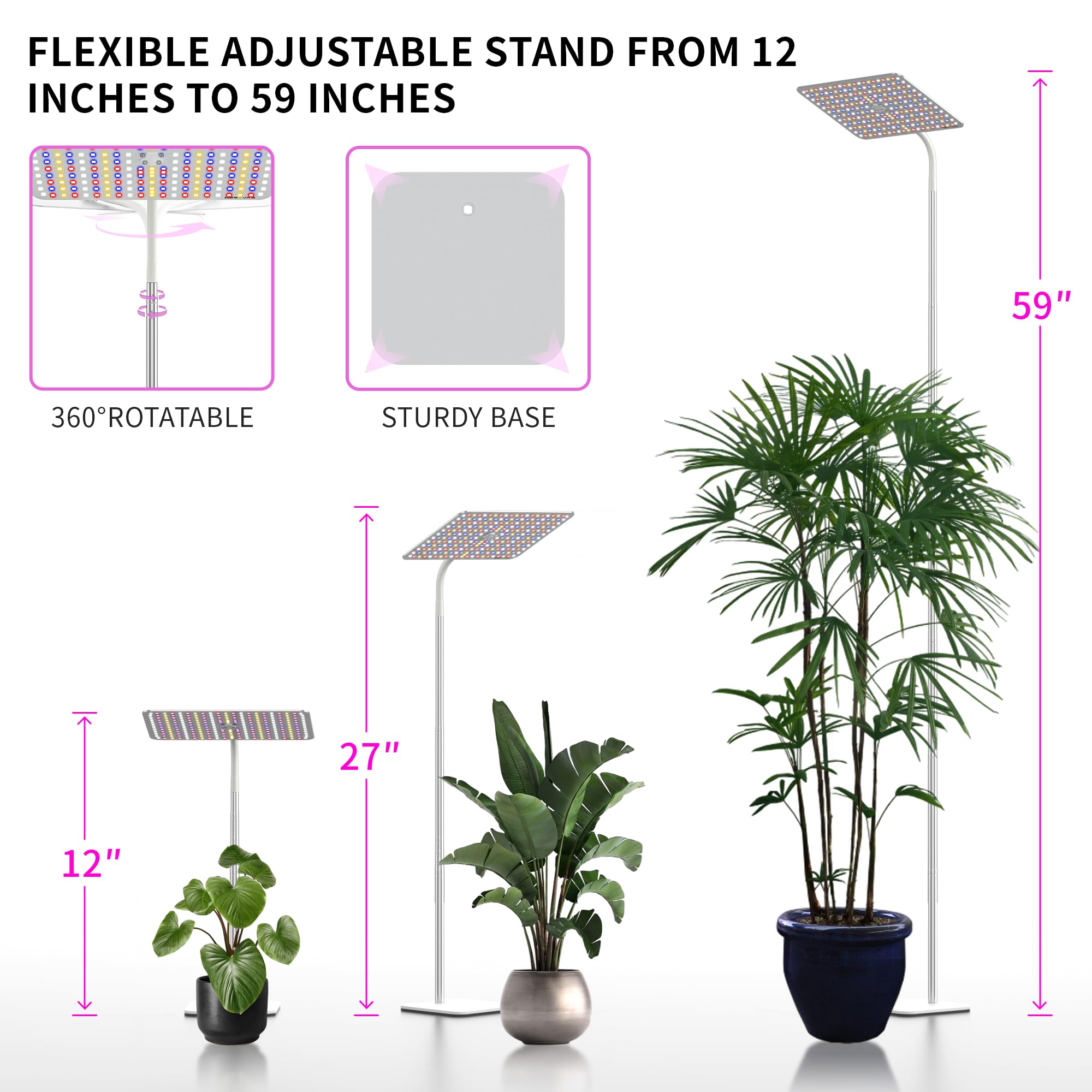 BESTVA 48W Grow Lights for Indoor Plants with Stand, Full Spectrum LED Plant Light for Indoor Plants,12-59 Inches Height Adjusta