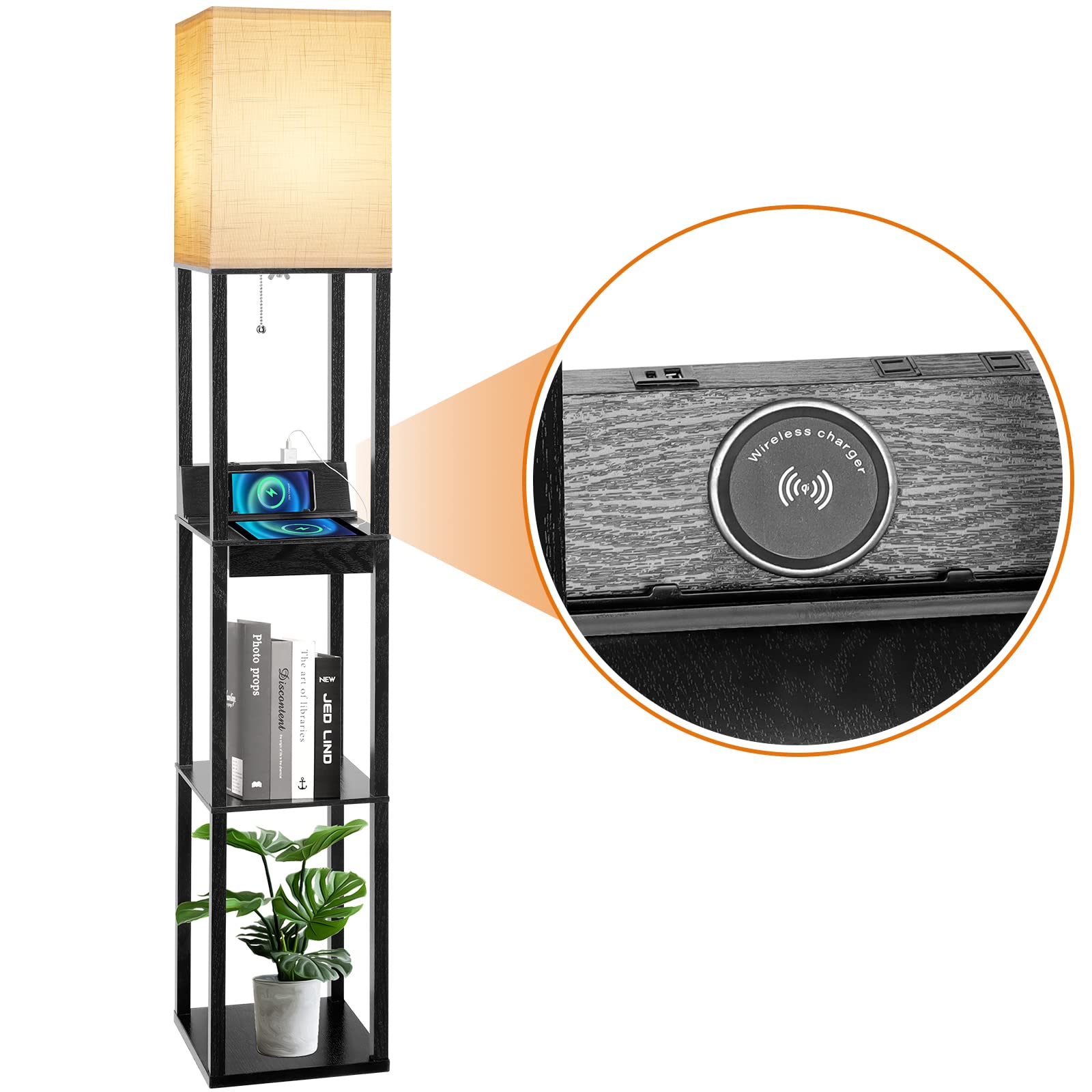 Floor Lamp With Shelves, Runtop Led Shelf Floor Lamp With Wireless Charger & 2 Charging Usb Ports & Drawer, Ac Outlet, 3 Color T